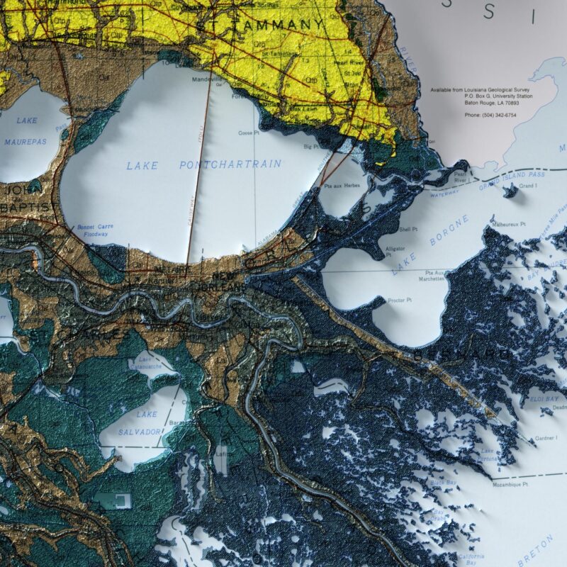 Louisiana 1984, Geology :Shaded relief map – flat print (not a 3D raised map)