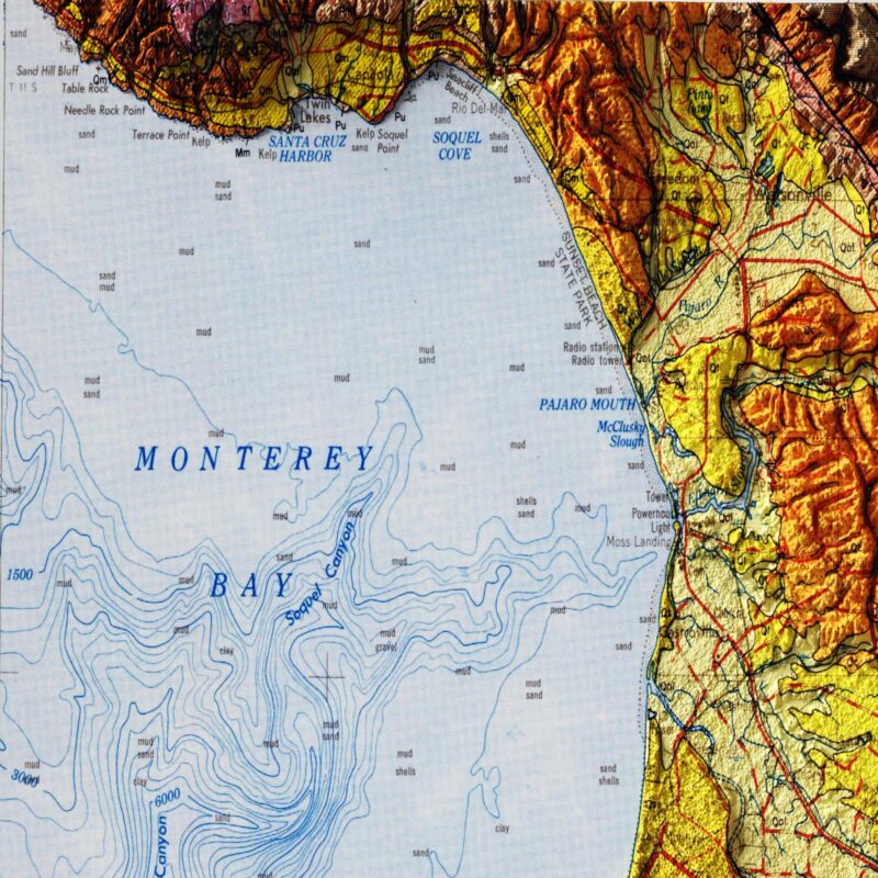 Santa Cruz 1958 :Shaded relief map – flat print (not a 3D raised map)