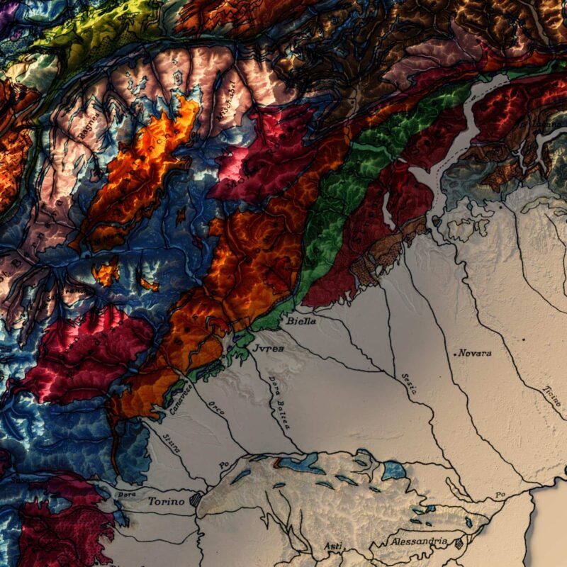 Alps Mountains Map 1923, Geology :Shaded relief map – flat print (not a 3D raised map)
