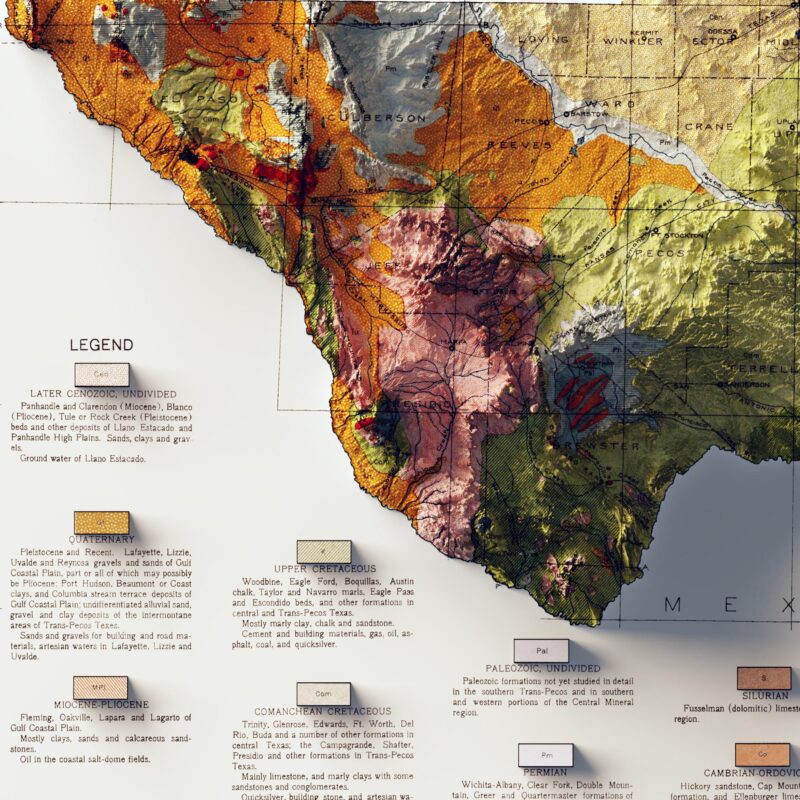 Texas Map 1919, Geology :Shaded relief map – flat print (not a 3D raised map)