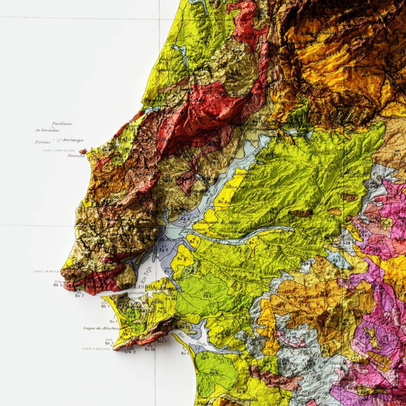 Portugal Map 1971, Geology :Shaded relief map – flat print (not a 3D raised map)