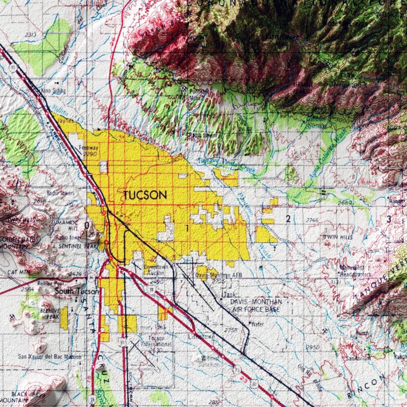 Tucson Map 1969 :Shaded relief map – flat print (not a 3D raised map)