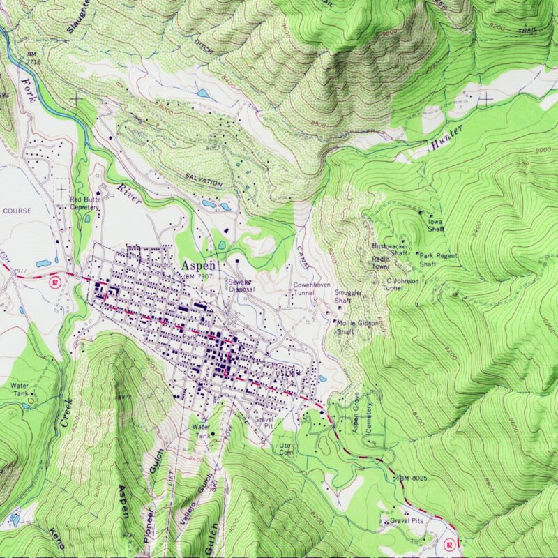 Aspen Map 1960 :Shaded relief map – flat print (not a 3D raised map)