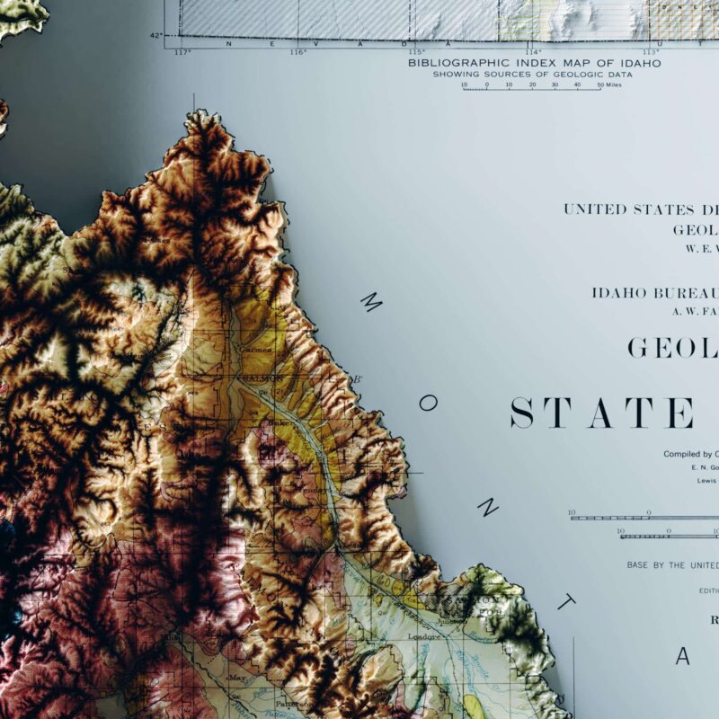 Idaho Map 1947, Geology :Shaded relief map – flat print (not a 3D raised map)