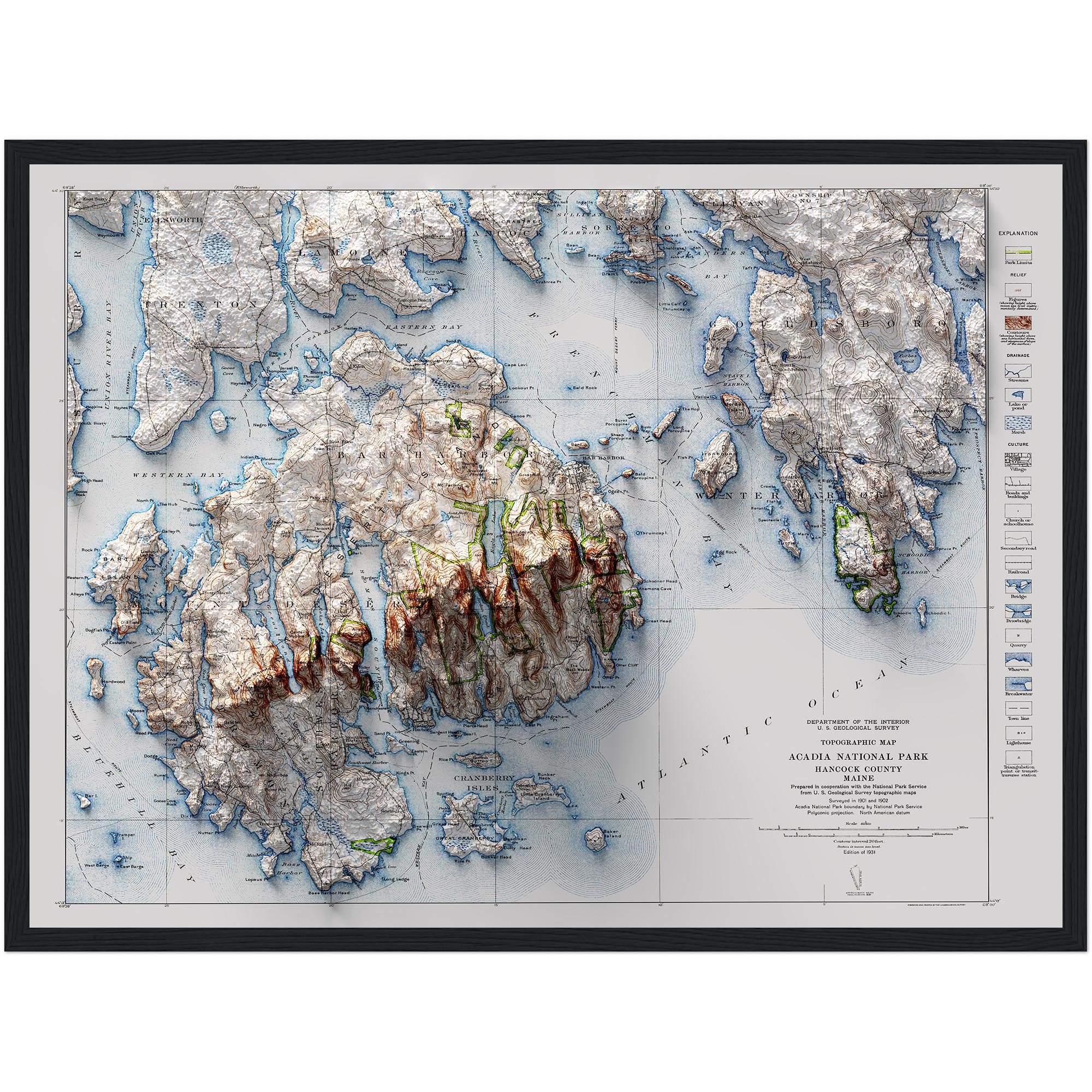 Acadia Map 1931, Topography :Shaded relief map – flat print (not a 3D raised map)
