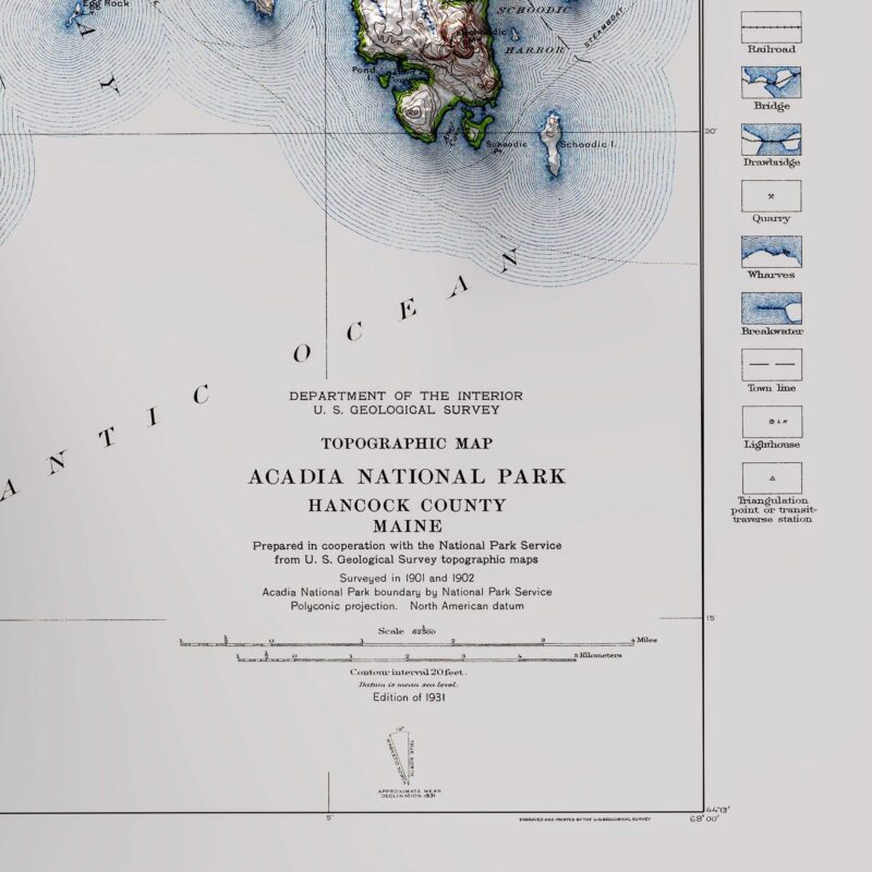Acadia Map 1931, Topography :Shaded relief map – flat print (not a 3D raised map)