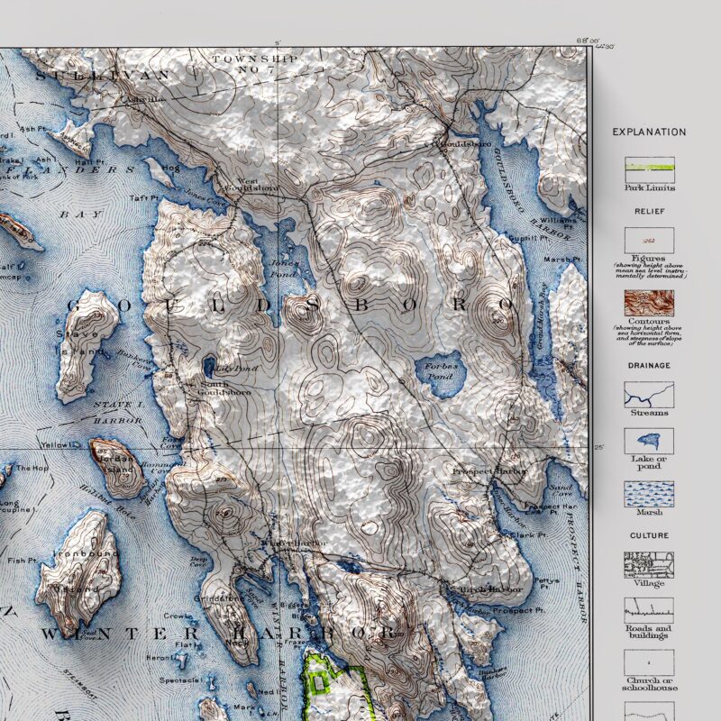Acadia Map 1931, Topography :Shaded relief map – flat print (not a 3D raised map)
