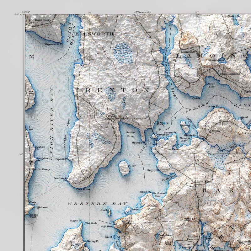 Acadia Map 1931, Topography :Shaded relief map – flat print (not a 3D raised map)