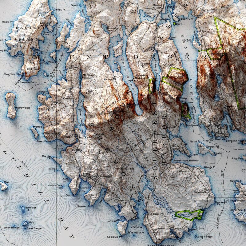 Acadia Map 1931, Topography :Shaded relief map – flat print (not a 3D raised map)