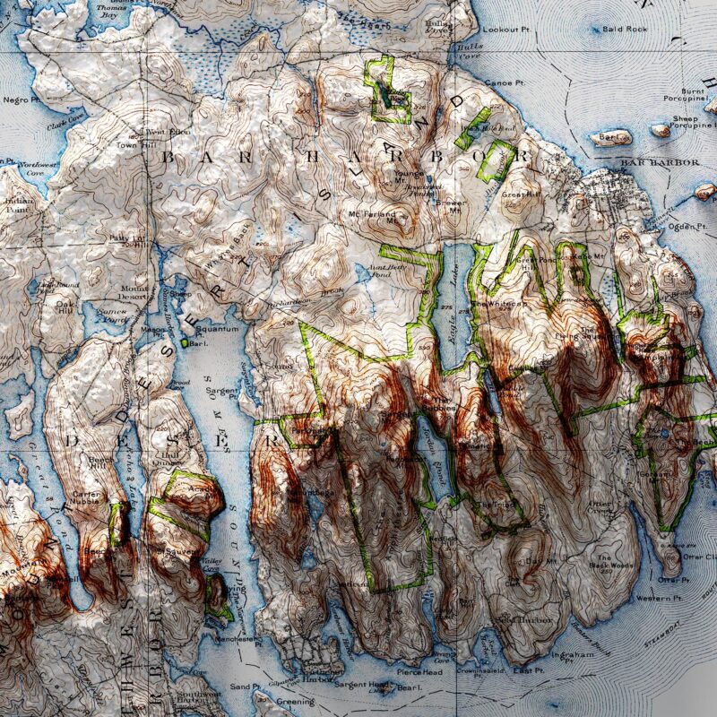Acadia Map 1931, Topography :Shaded relief map – flat print (not a 3D raised map)