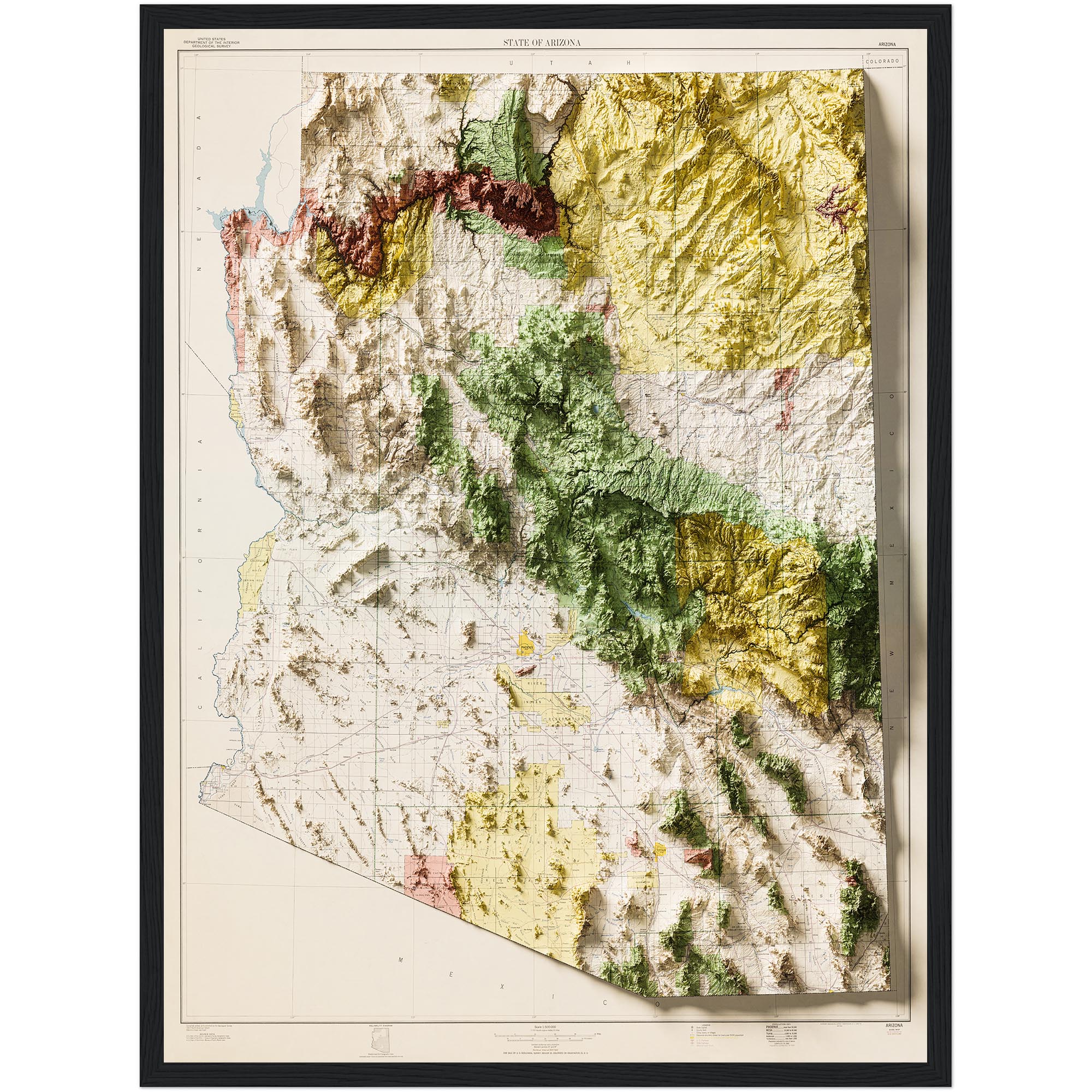 Arizona Geologic Map Poster 1959 :Shaded relief map – flat print (not a 3D raised map)
