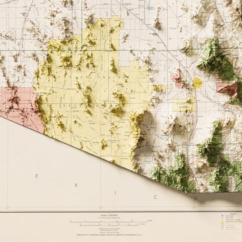 Arizona Geologic Map Poster 1959 :Shaded relief map – flat print (not a 3D raised map)