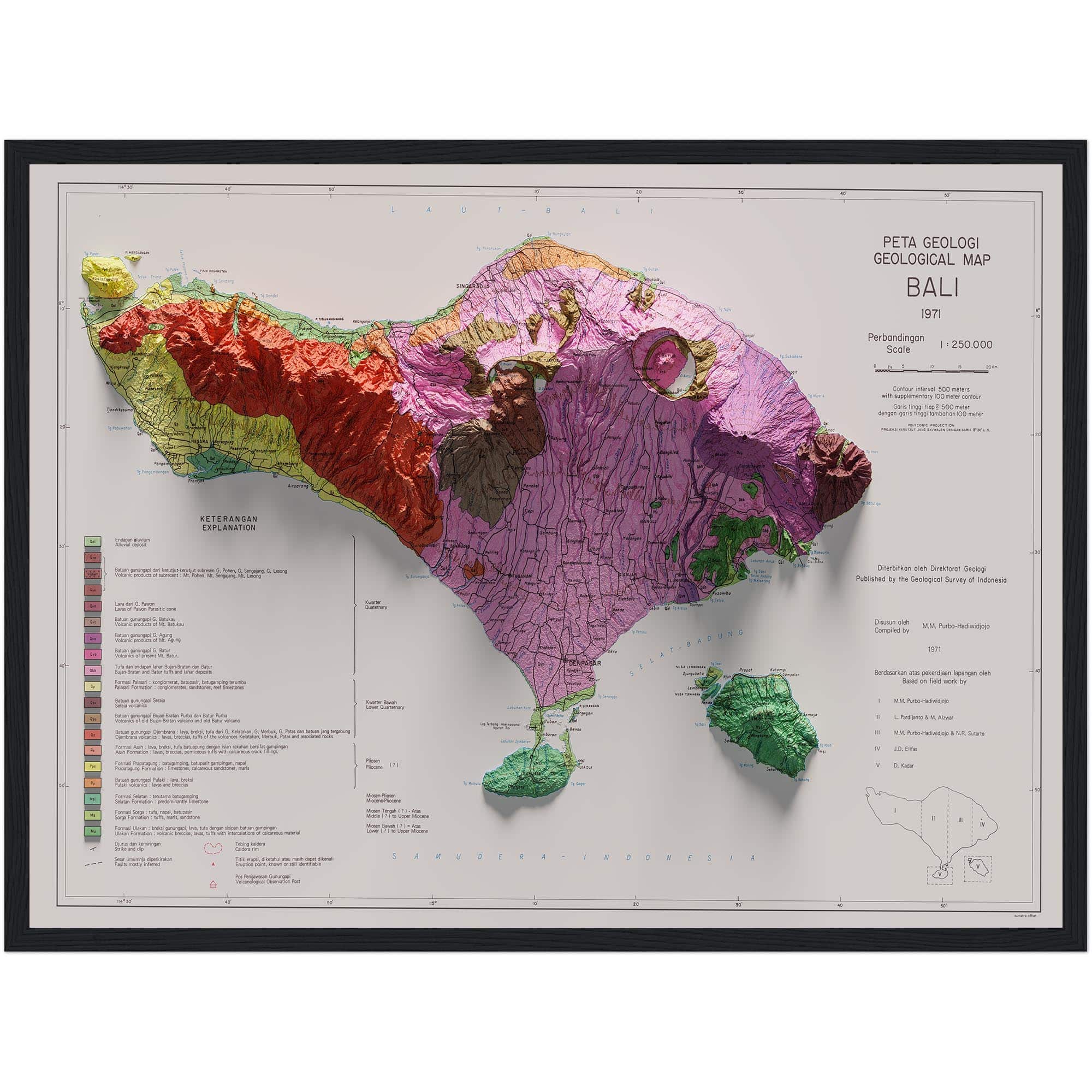Bali Geological Map 1971 :Shaded relief map – flat print (not a 3D raised map)