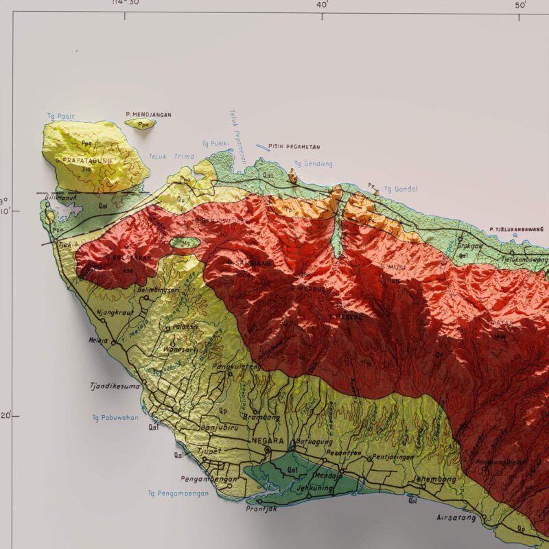 Bali Geological Map 1971 :Shaded relief map – flat print (not a 3D raised map)