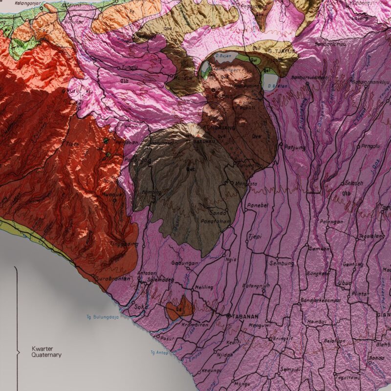 Bali Geological Map 1971 :Shaded relief map – flat print (not a 3D raised map)
