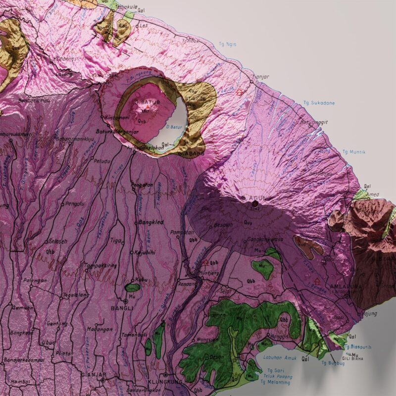 Bali Geological Map 1971 :Shaded relief map – flat print (not a 3D raised map)