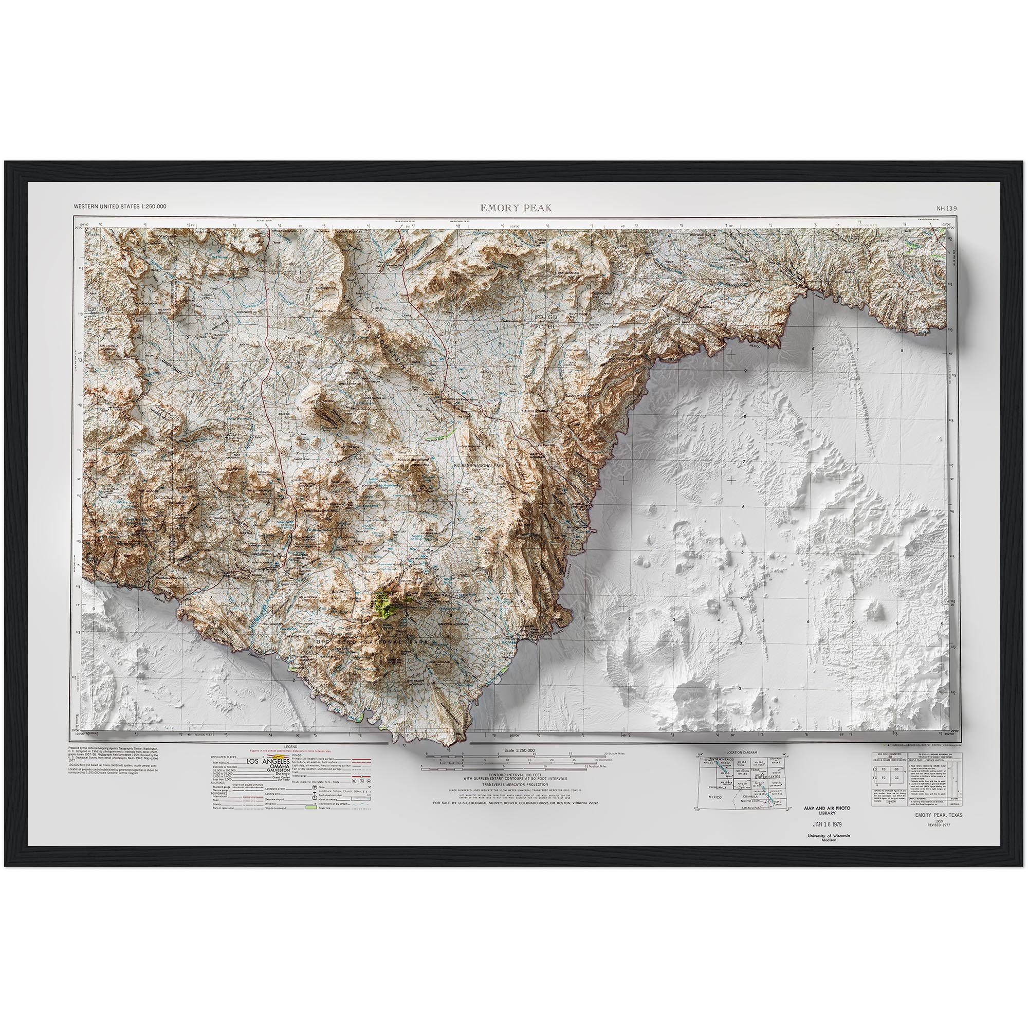 Big Bend National Park Map :Shaded relief map – flat print (not a 3D raised map)