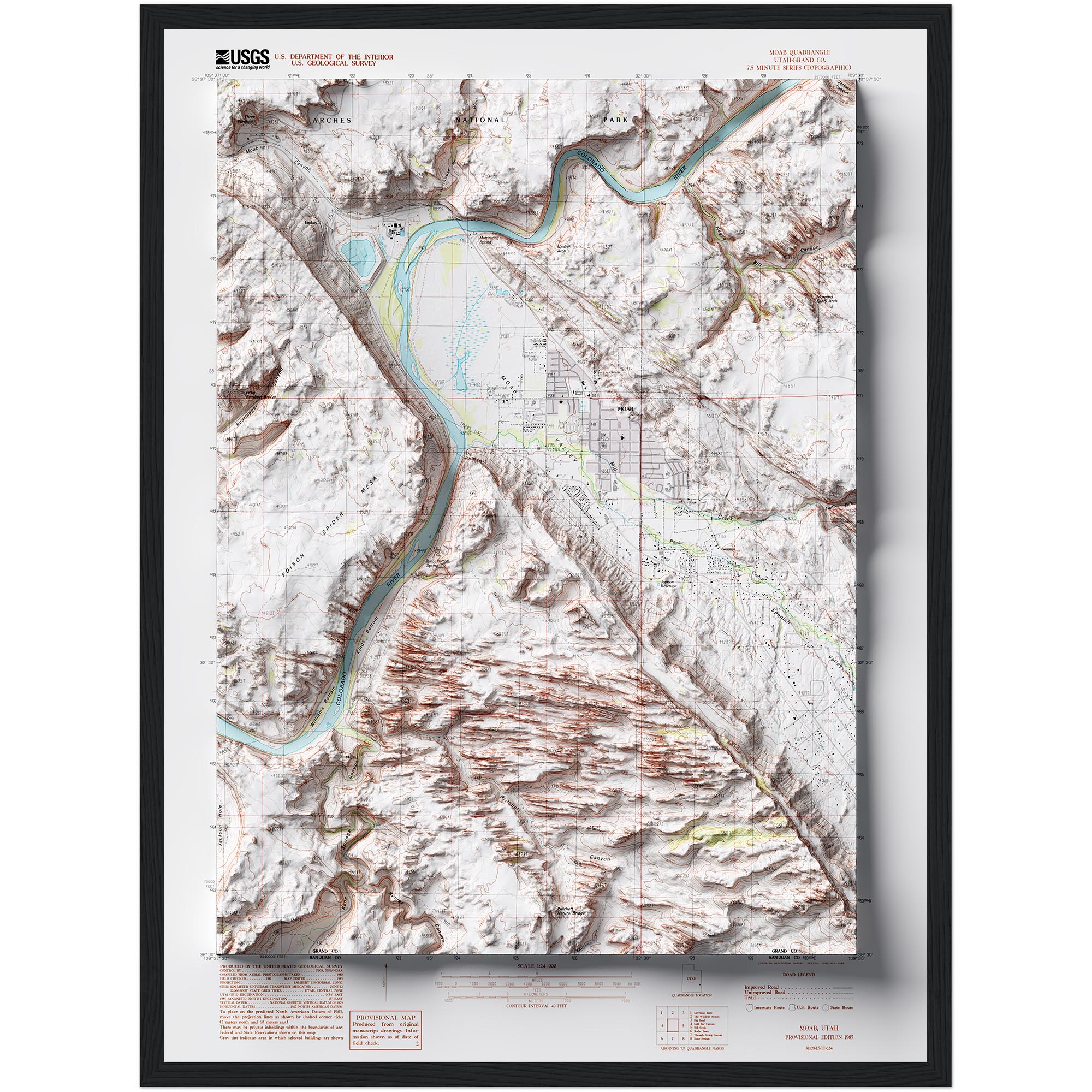 Moab Utah Map 1985 :Shaded relief map – flat print (not a 3D raised map)
