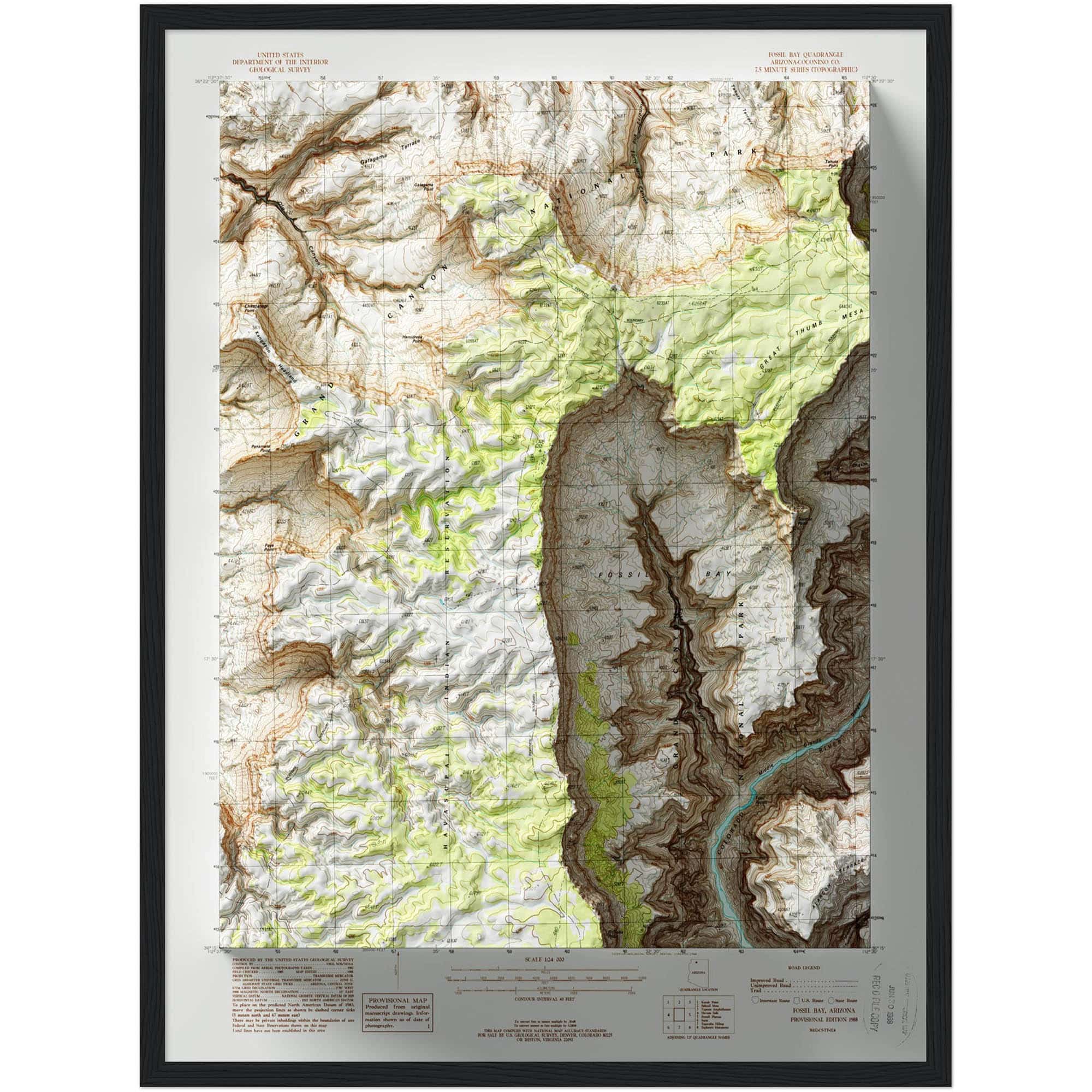 Fossil Bay - Grand Canyon National Park Map 1988 :Shaded relief map – flat print (not a 3D raised map)