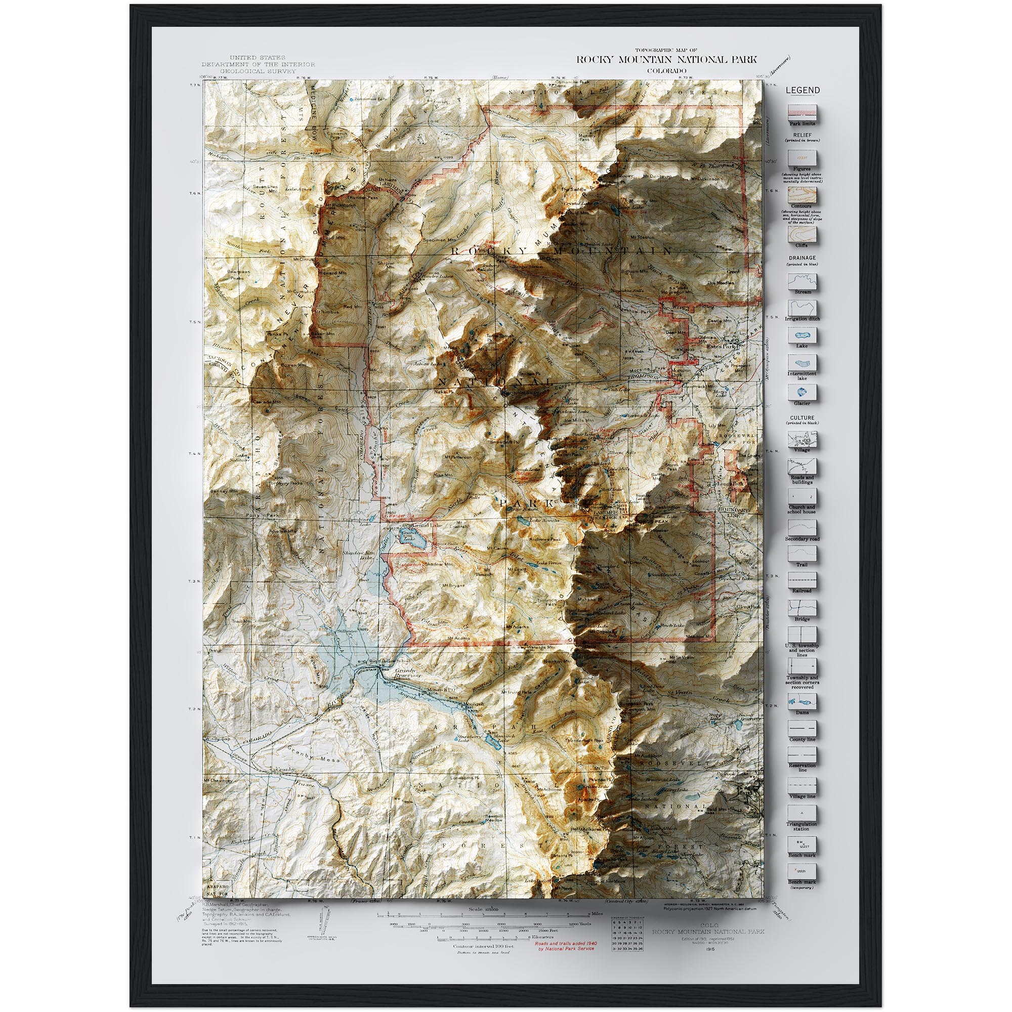 Rocky Mountain Map 1915, Topography :Shaded relief map – flat print (not a 3D raised map)