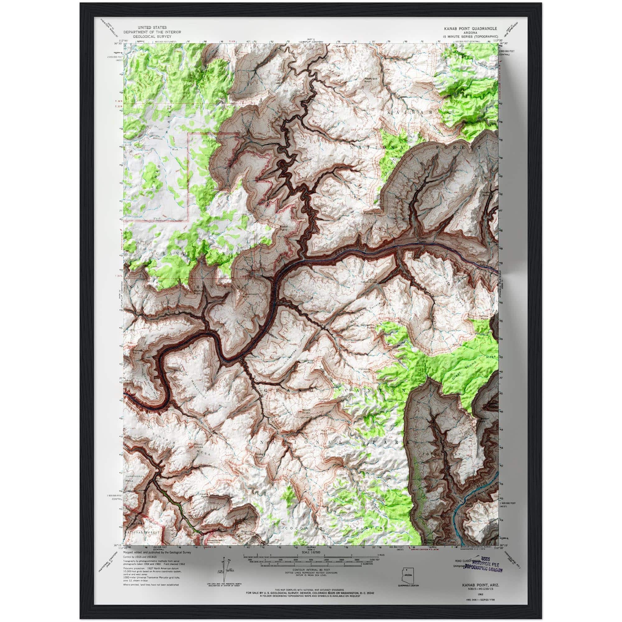 Kanab Point - Grand Canyon National Park Map 1962 :Shaded relief map – flat print (not a 3D raised map)
