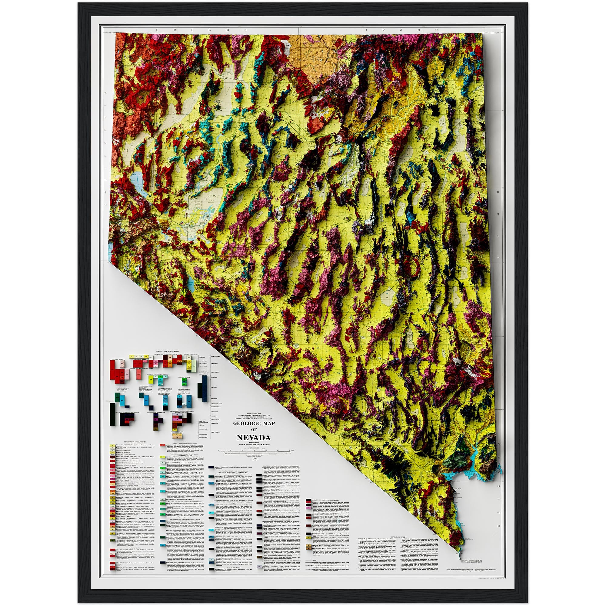 Nevada Map 1978, Geology :Shaded relief map – flat print (not a 3D raised map)