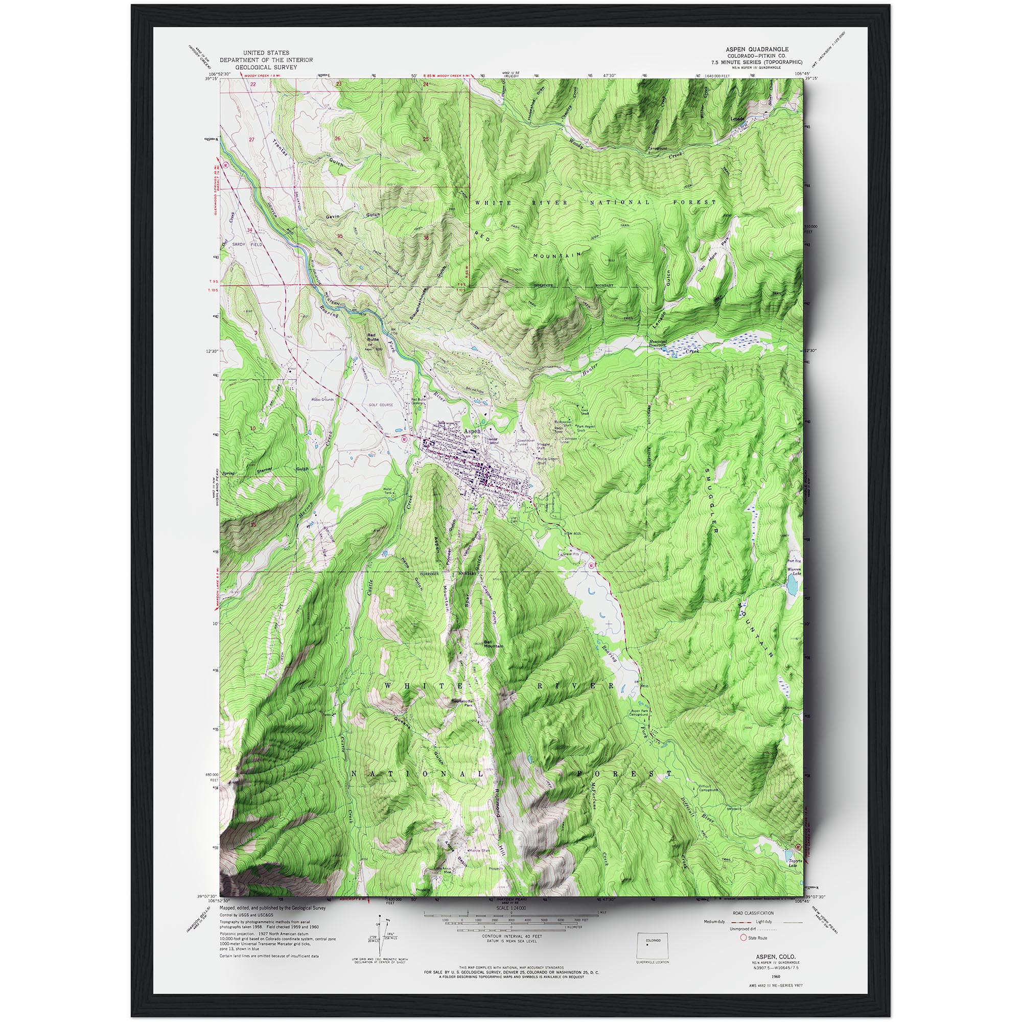 Aspen Map 1960 :Shaded relief map – flat print (not a 3D raised map)