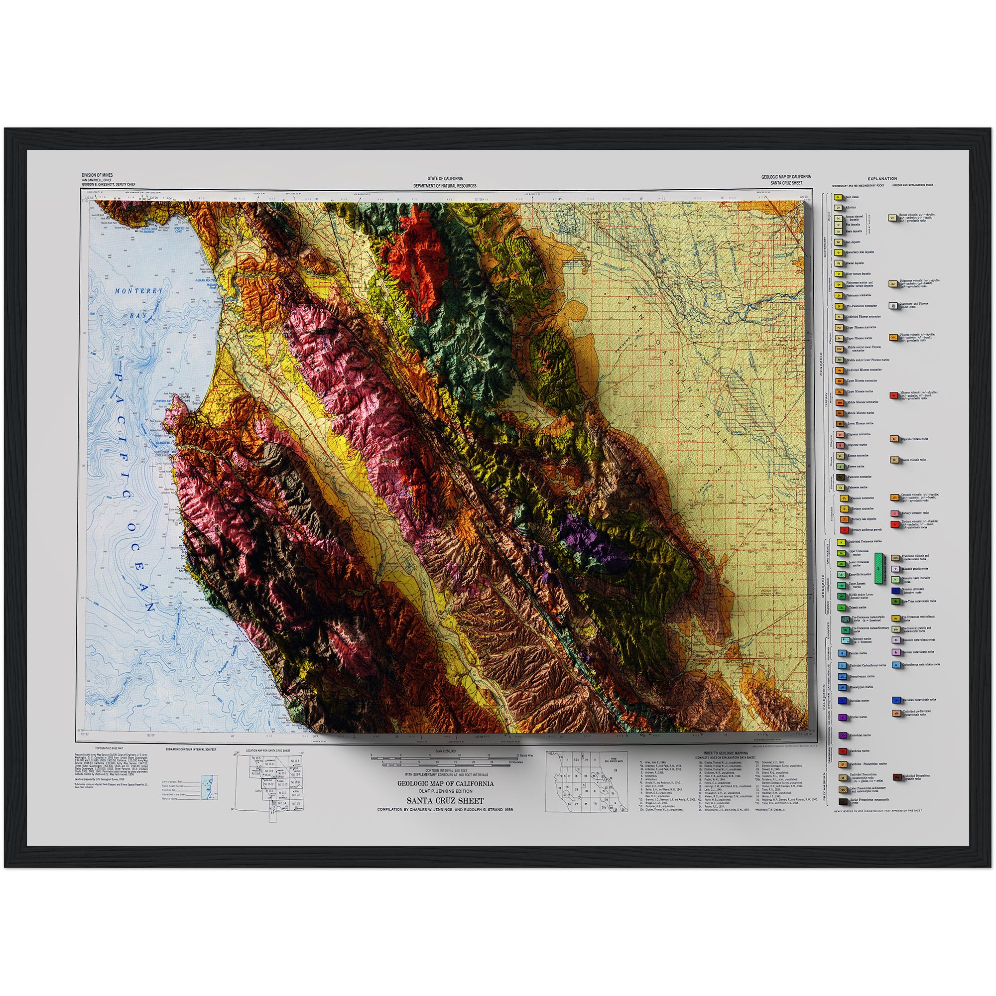 Santa Cruz 1958 :Shaded relief map – flat print (not a 3D raised map)