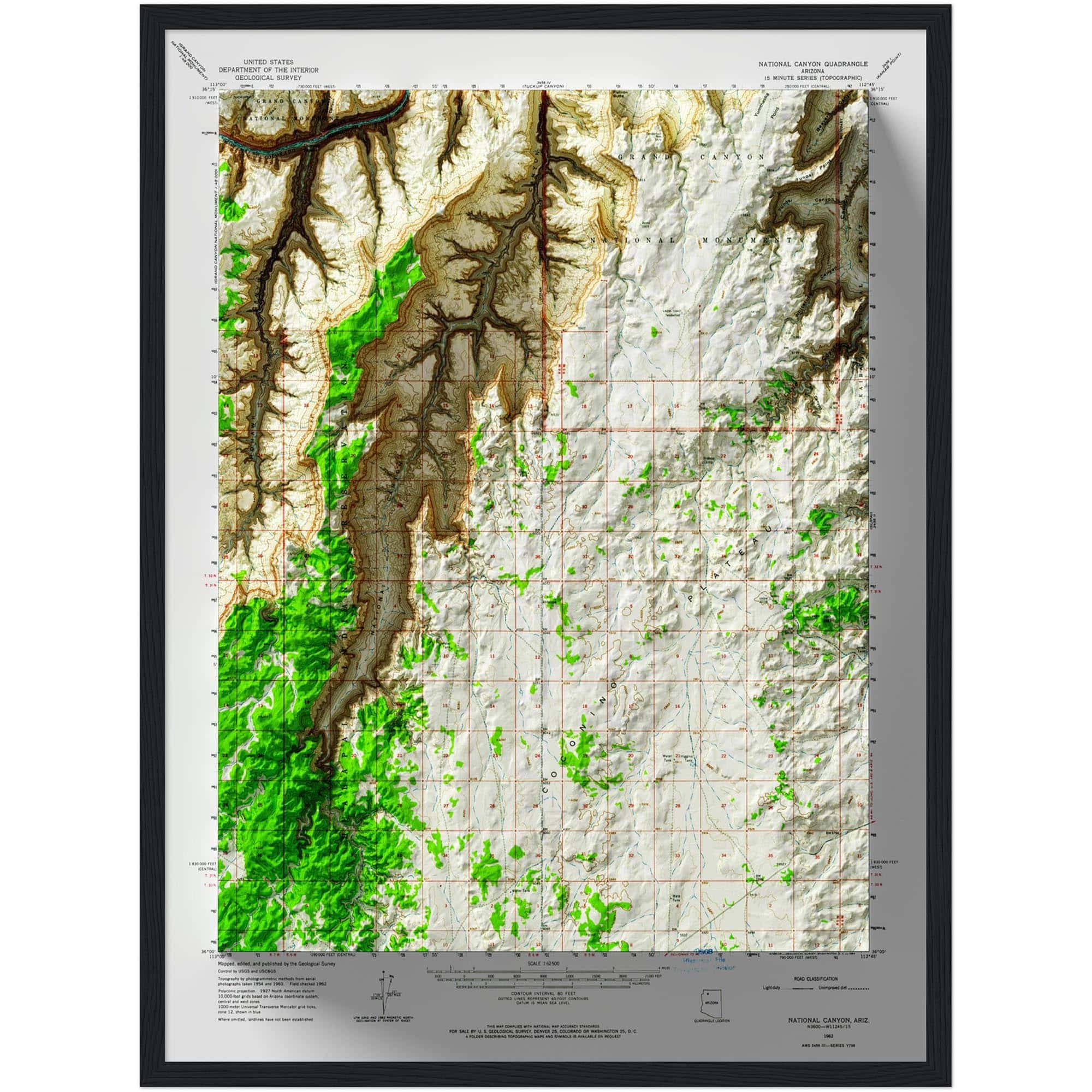 National Canyon - Grand Canyon National Park Map 1962 :Shaded relief map – flat print (not a 3D raised map)