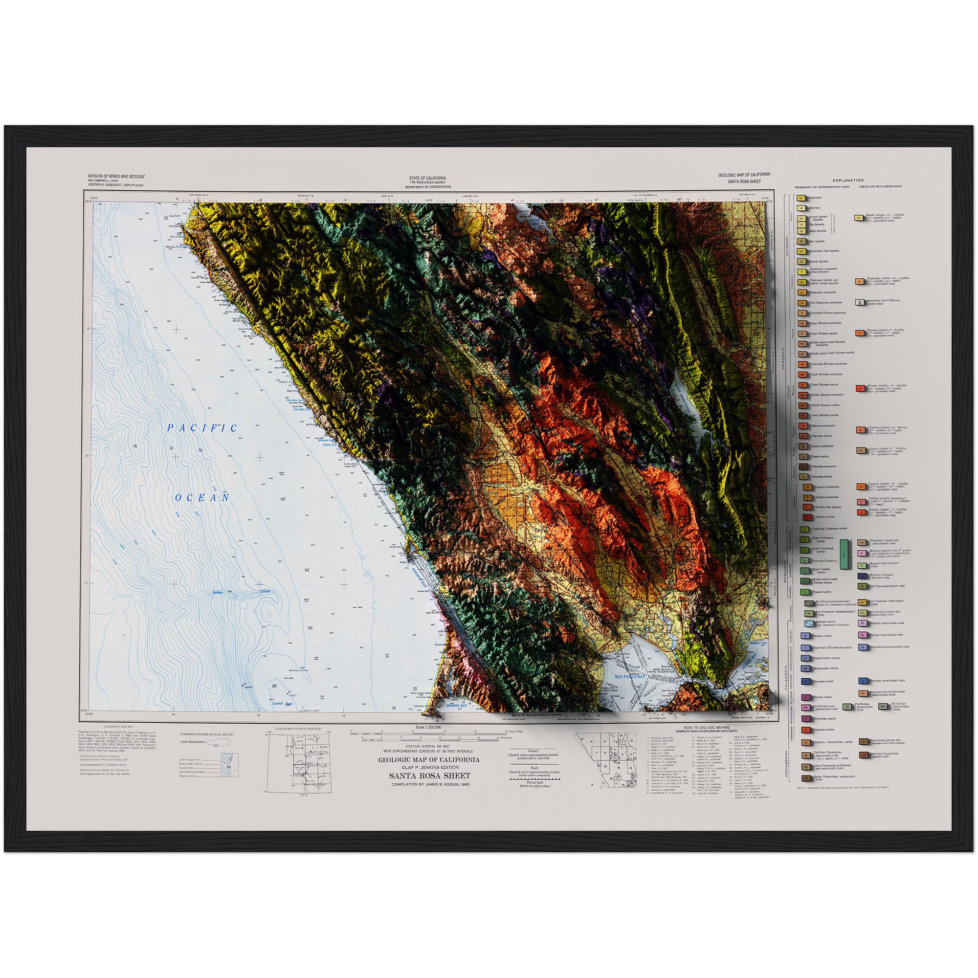 Santa Rosa 1963 :Shaded relief map – flat print (not a 3D raised map)