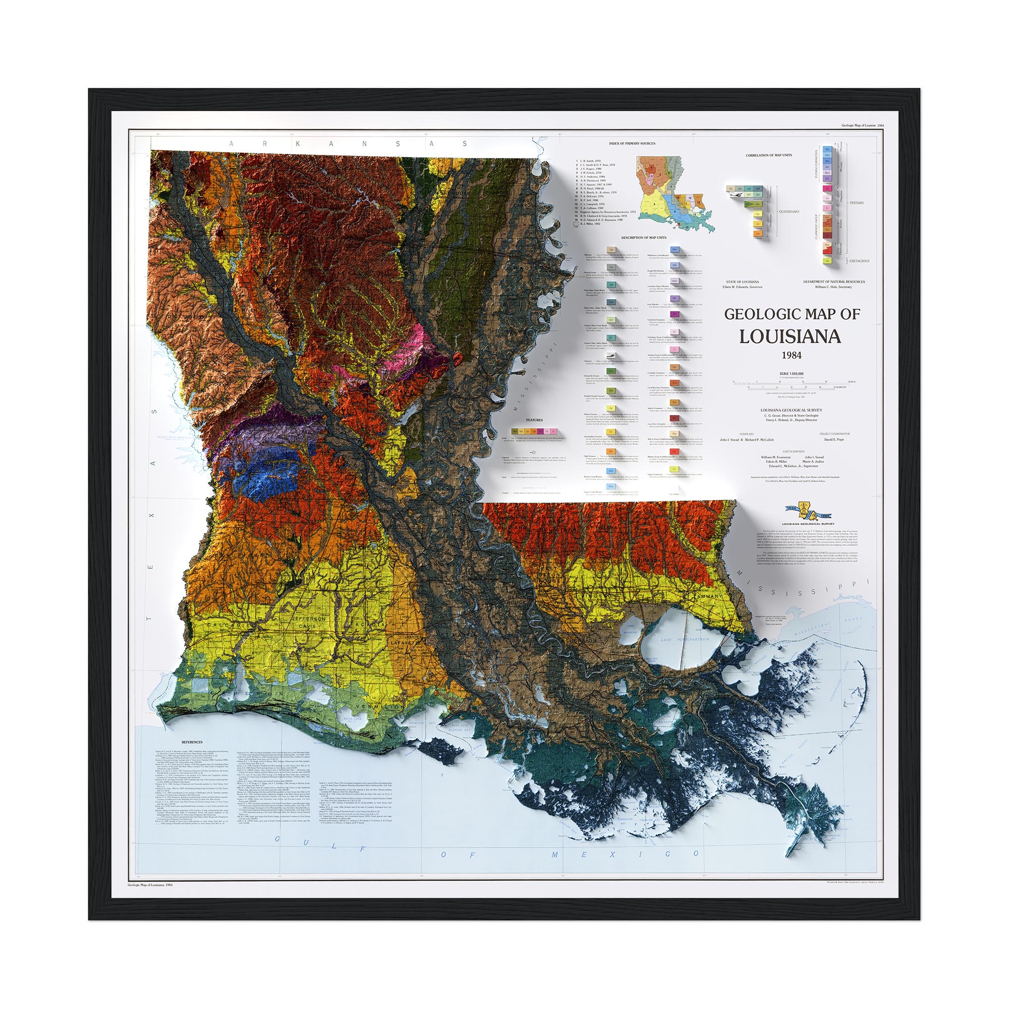 Louisiana 1984, Geology :Shaded relief map – flat print (not a 3D raised map)