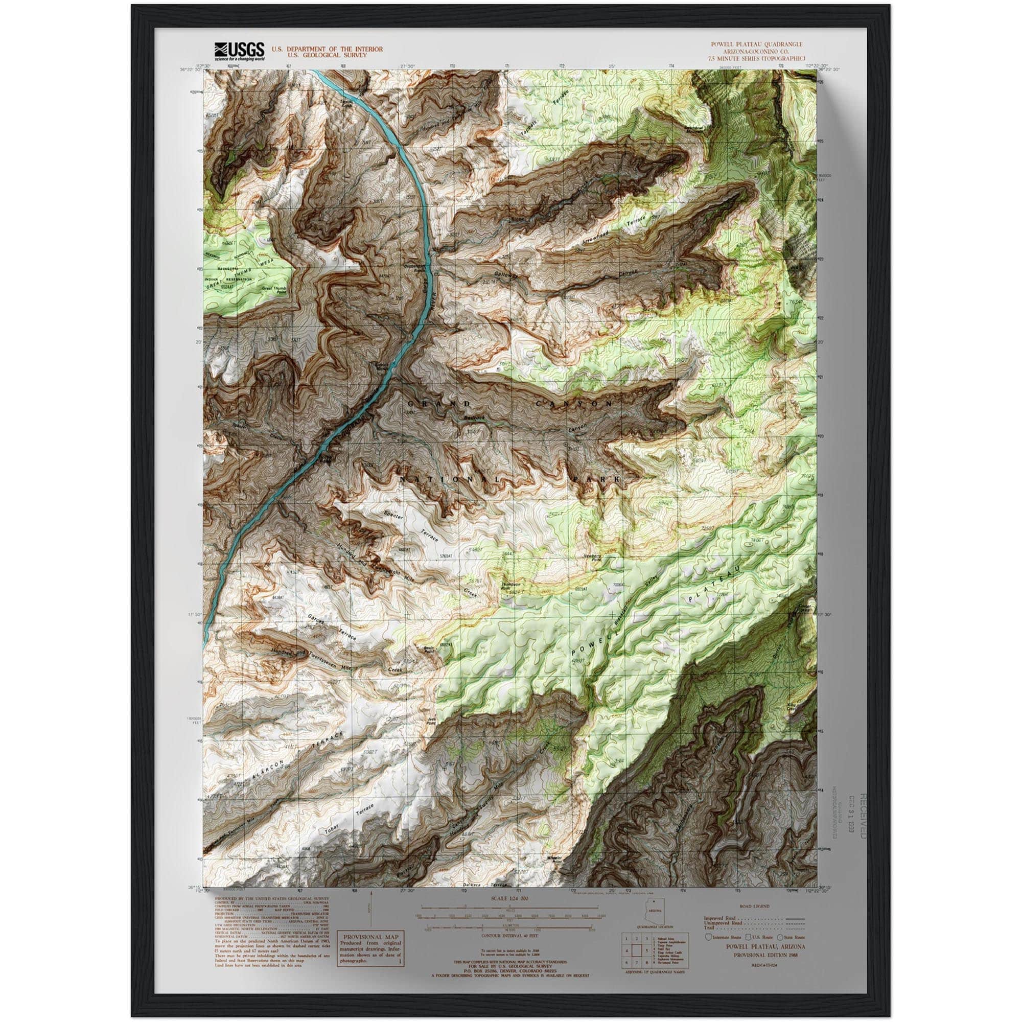 Powell Plateau - Grand Canyon National Park Map 1988 :Shaded relief map – flat print (not a 3D raised map)