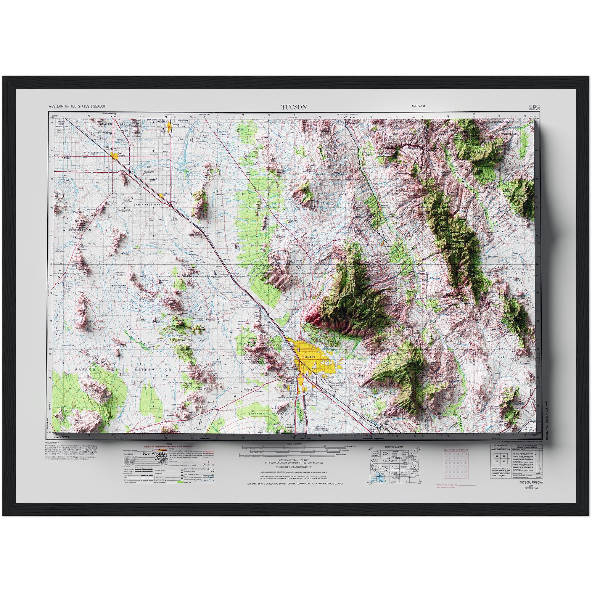 Tucson Map 1969 :Shaded relief map – flat print (not a 3D raised map)