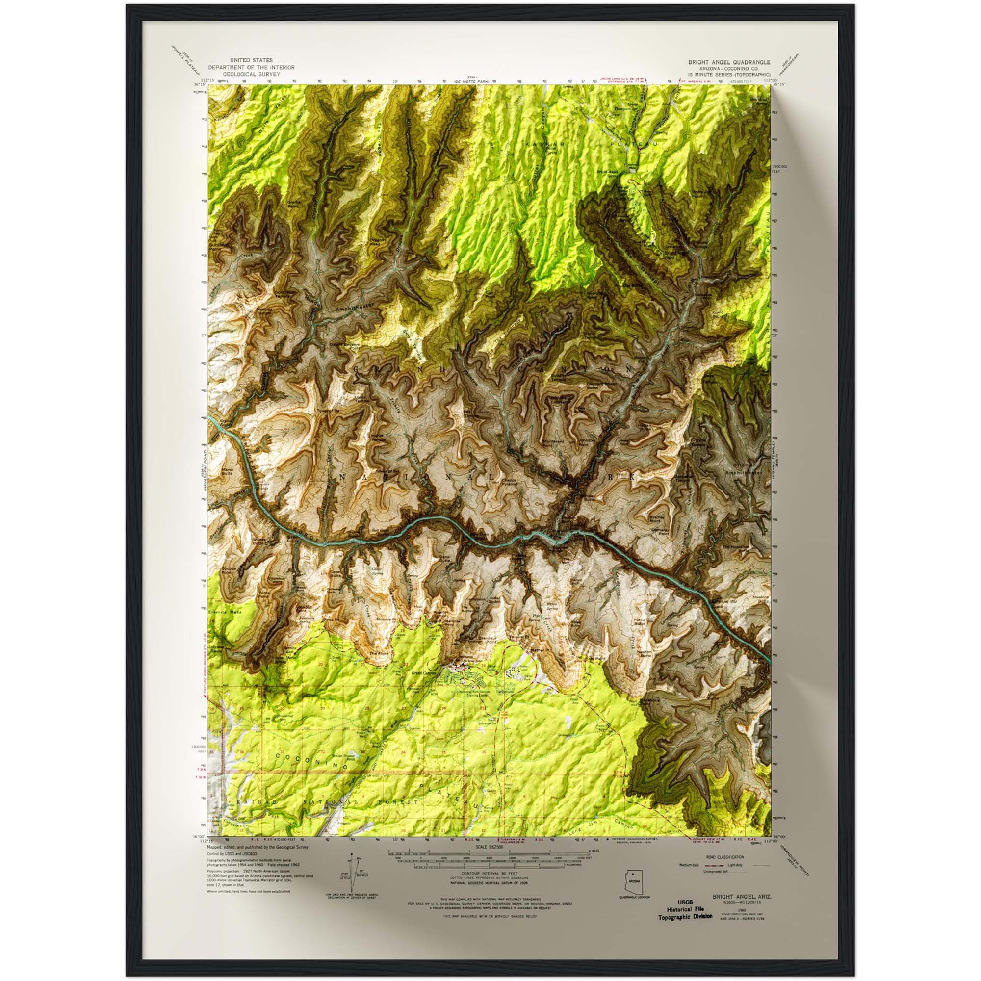 Bright Angel Trail Grand Canyon National Park Map 1962 :Shaded relief map – flat print (not a 3D raised map)
