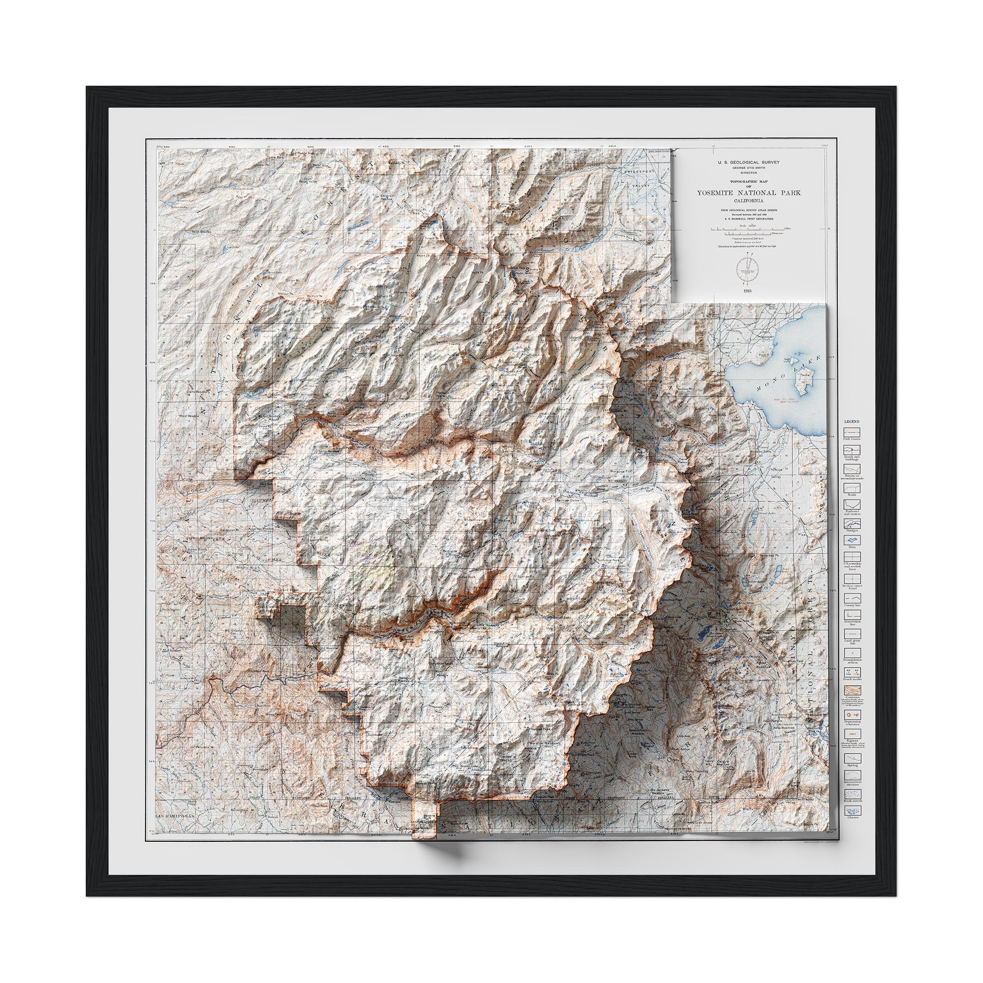 Yosemite National Park 1915, Topography :Shaded relief map – flat print (not a 3D raised map)