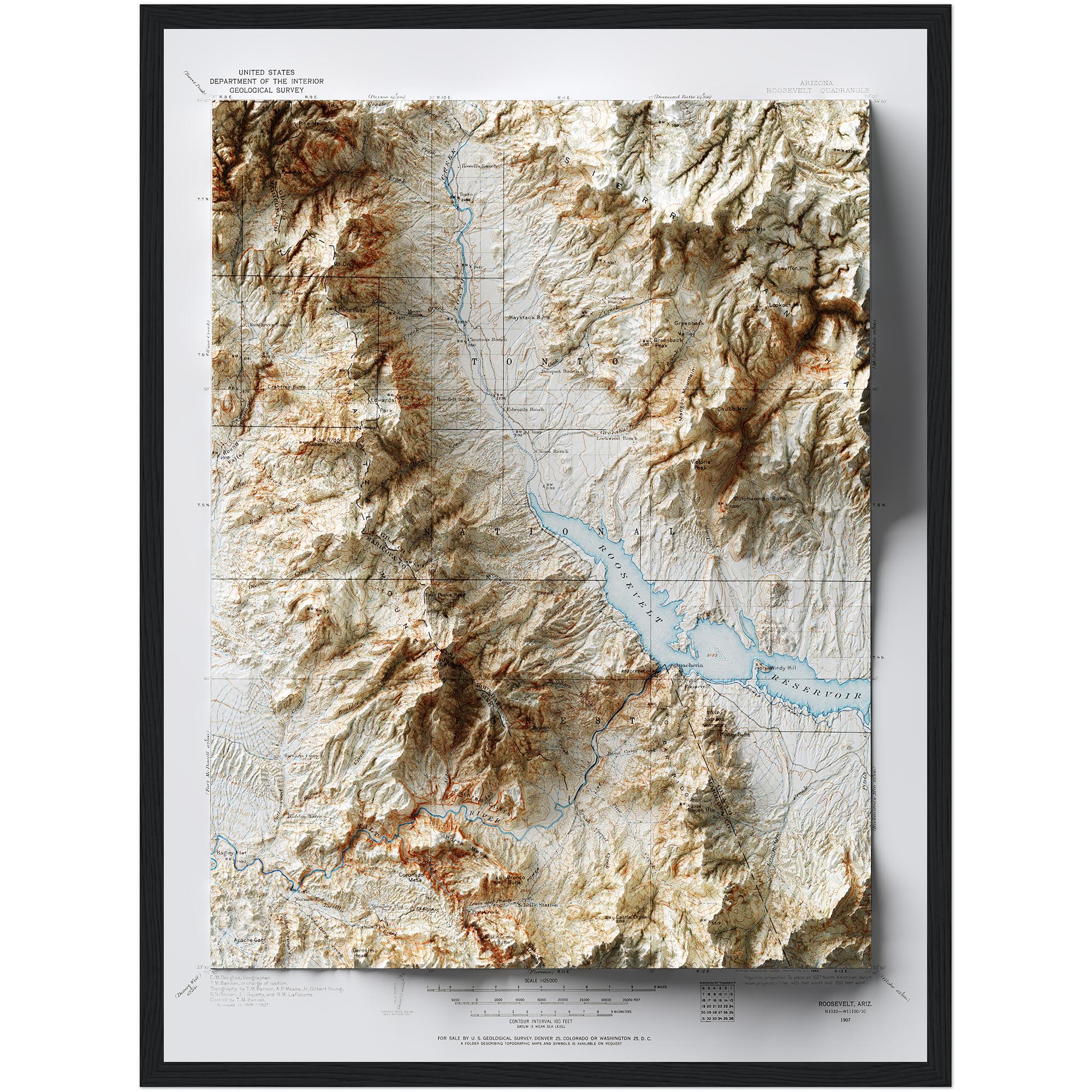 Roosevelt 1907, Topography :Shaded relief map – flat print (not a 3D raised map)