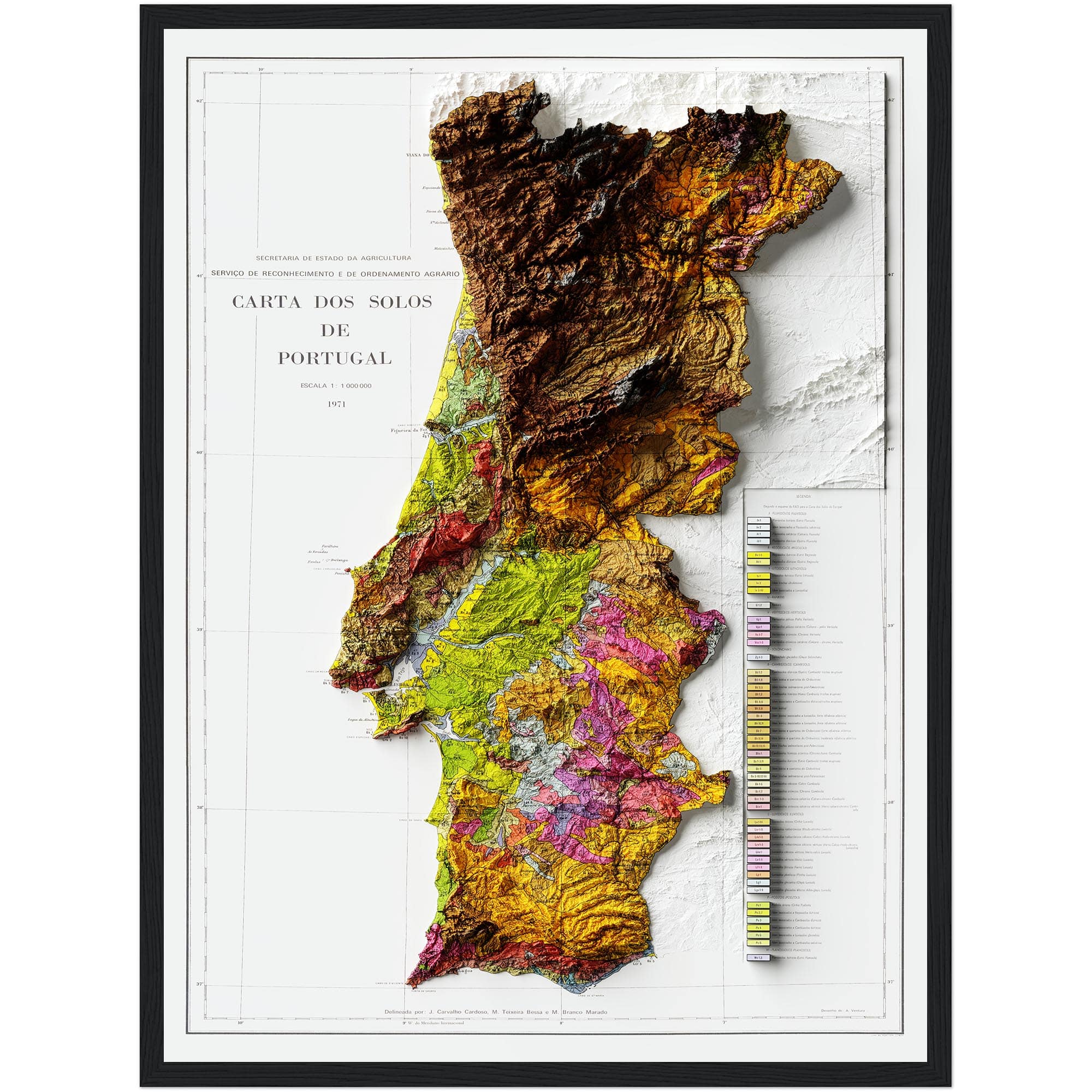 Portugal Map 1971, Geology :Shaded relief map – flat print (not a 3D raised map)