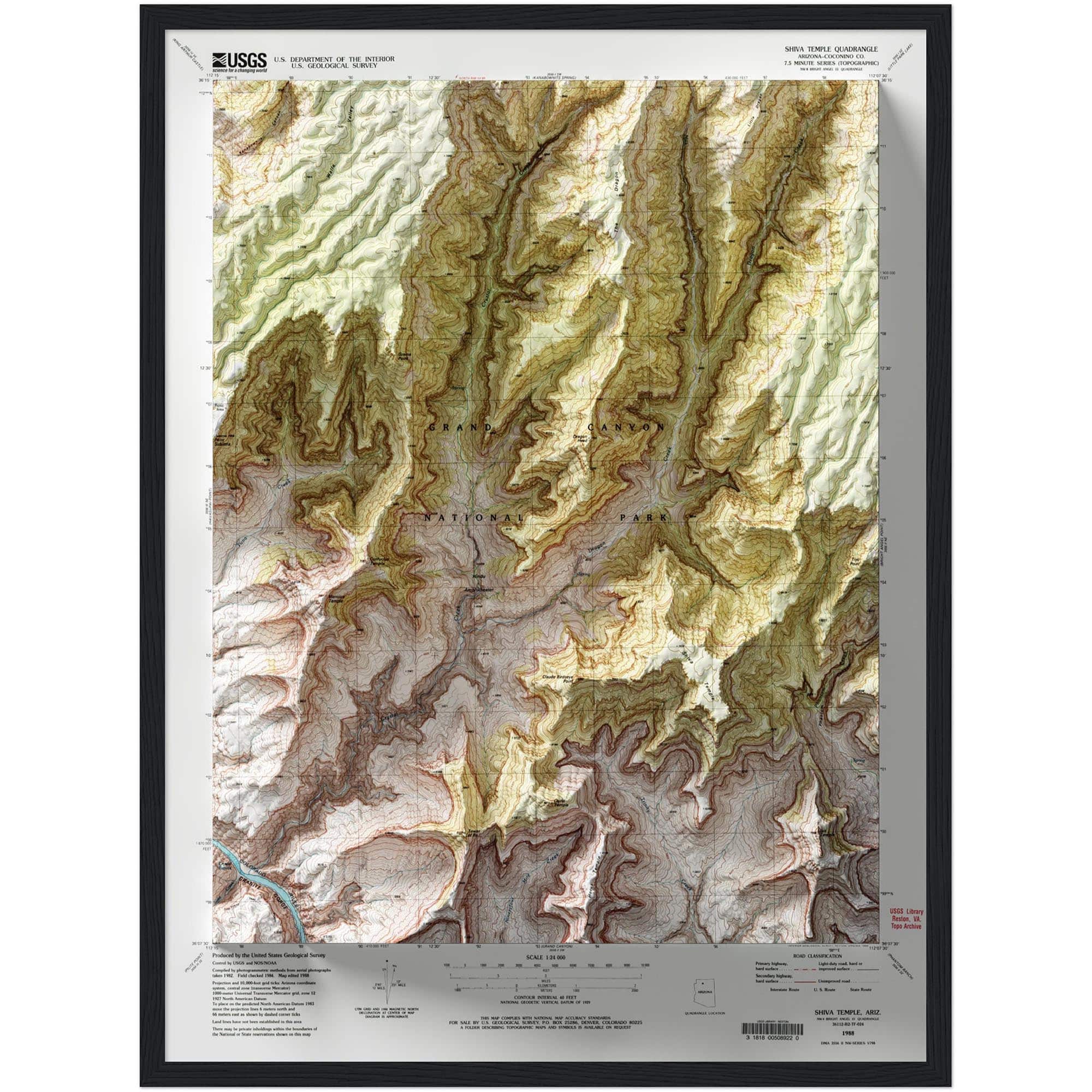 Shiva Temple - Grand Canyon National Park Map 1988 :Shaded relief map – flat print (not a 3D raised map)