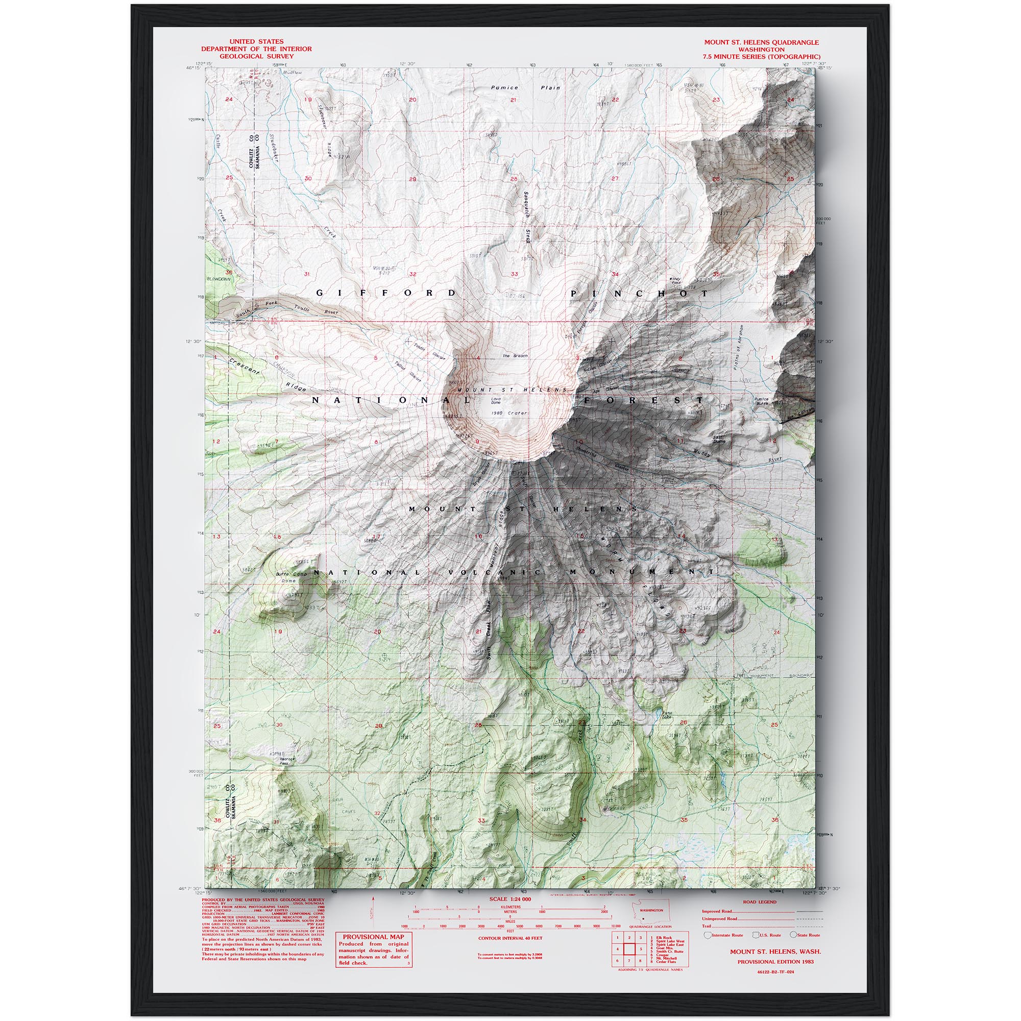 Mount Saint Helens Map 1983 :Shaded relief map – flat print (not a 3D raised map)