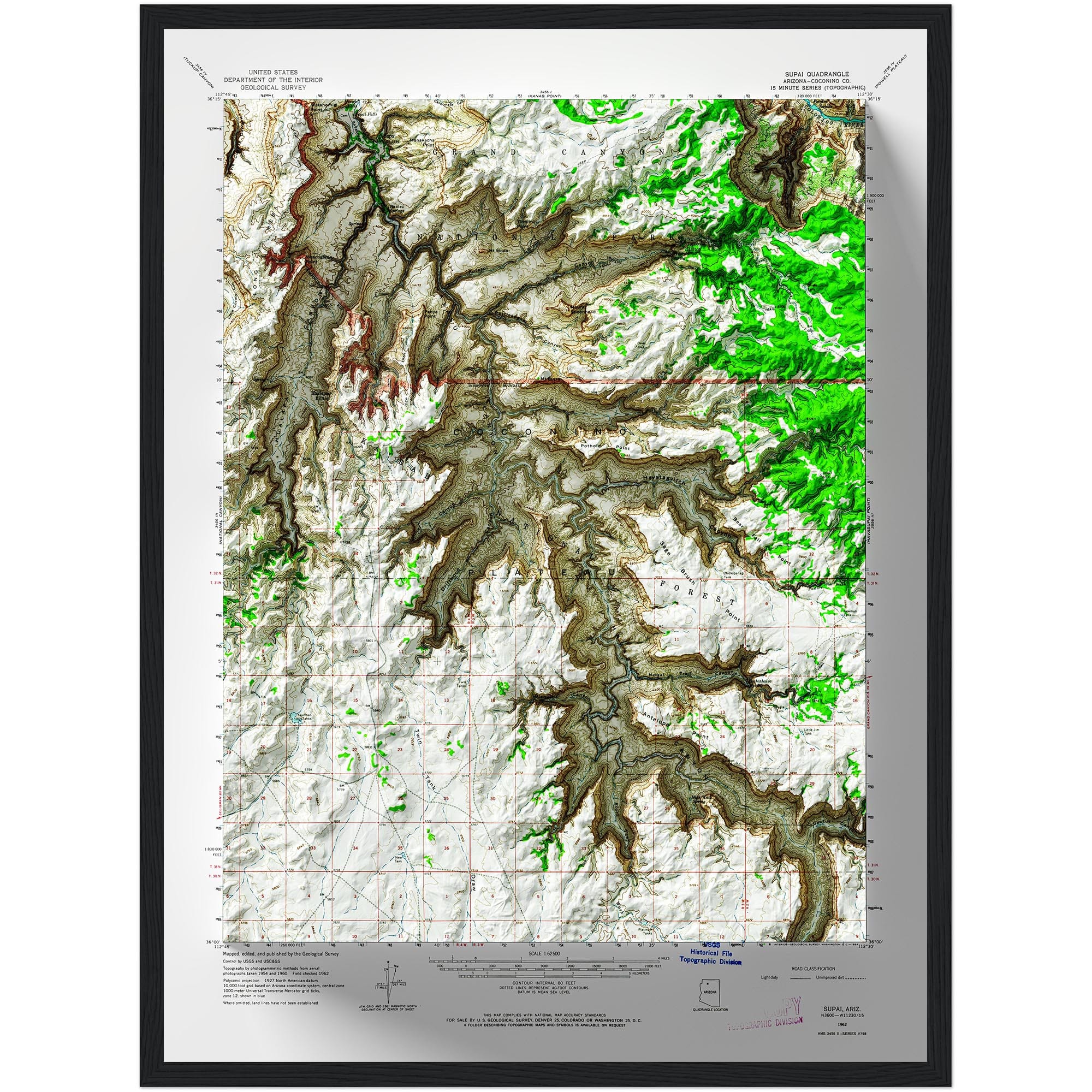 Supai - Grand Canyon National Park Map 1962 :Shaded relief map – flat print (not a 3D raised map)