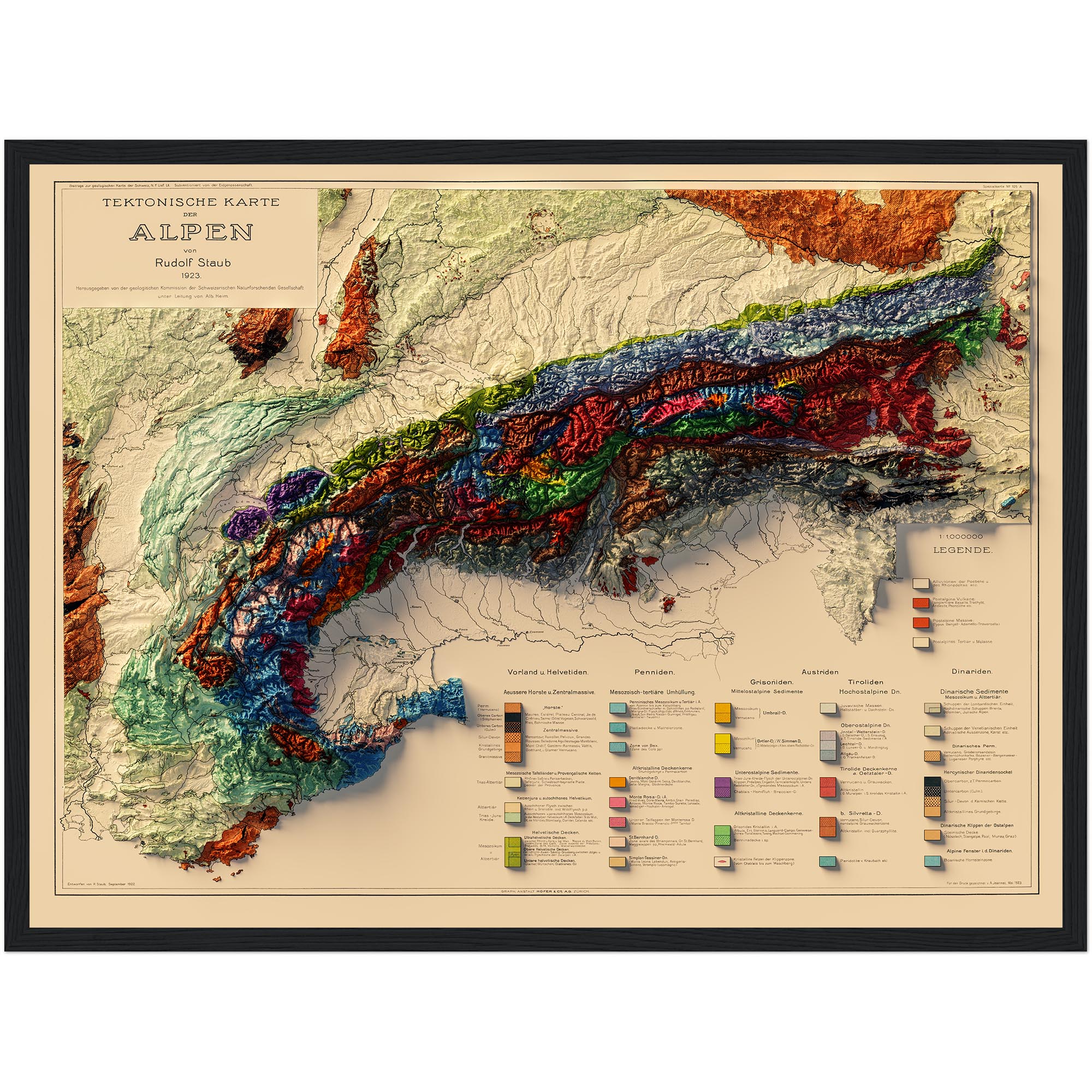 Alps Mountains Map 1923, Geology :Shaded relief map – flat print (not a 3D raised map)