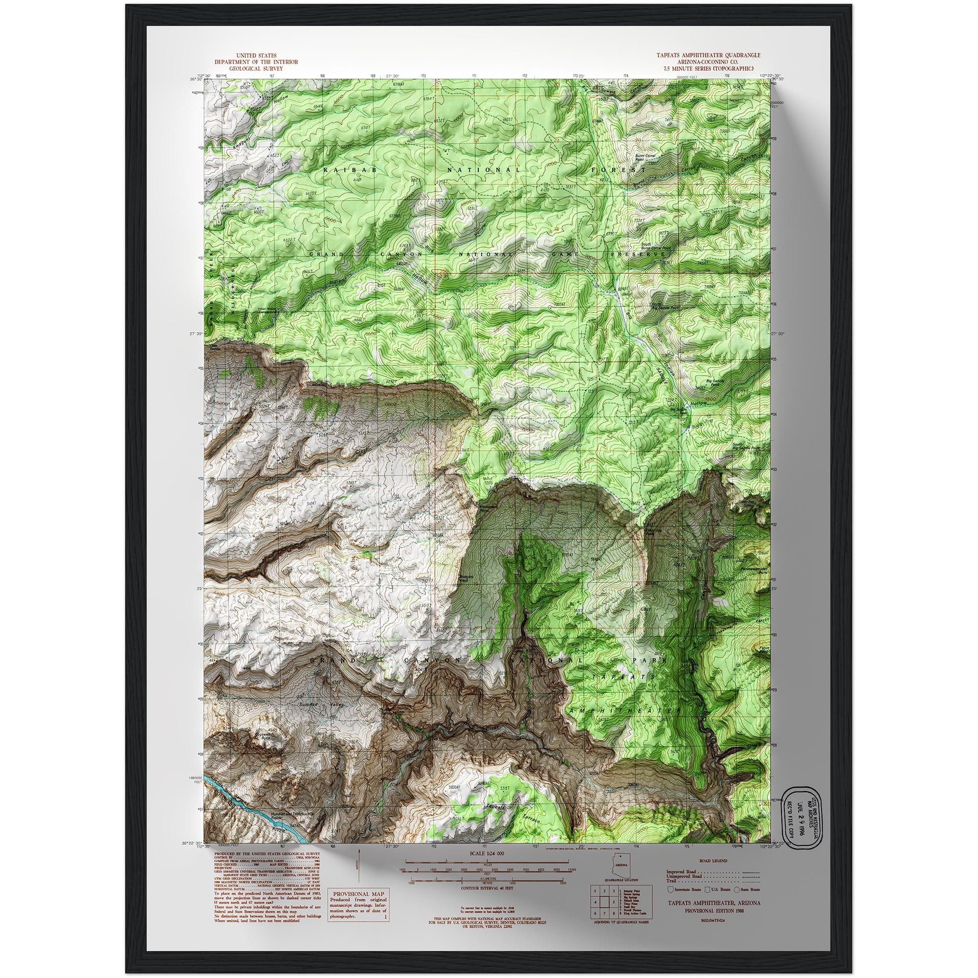 Tapeats Amphitheater - Grand Canyon National Park Map 1988 :Shaded relief map – flat print (not a 3D raised map)