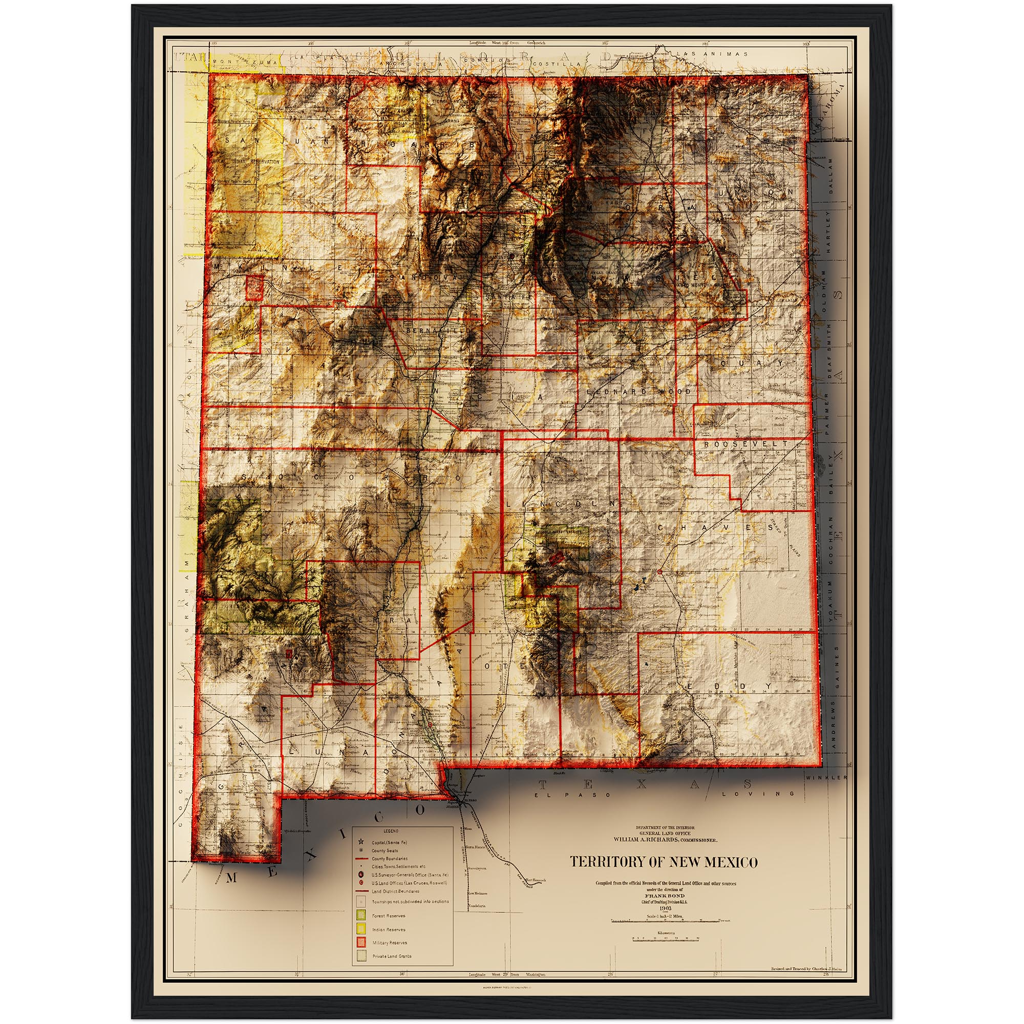 New Mexico Map 1903, Topography  :Shaded relief map – flat print (not a 3D raised map)