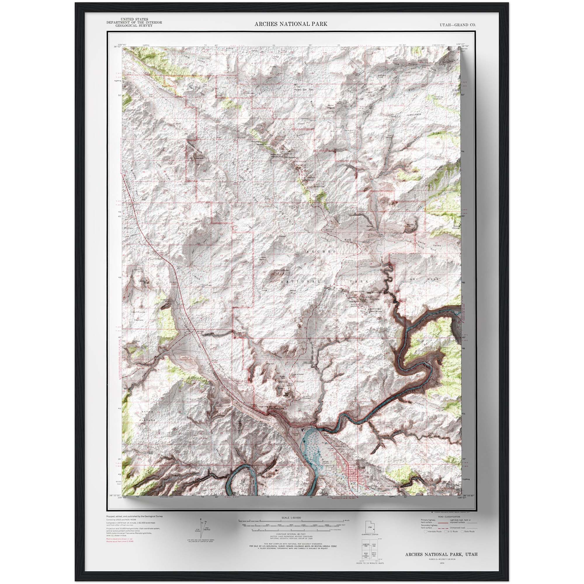 Arches Map 1974, Topography :Shaded relief map – flat print (not a 3D raised map)
