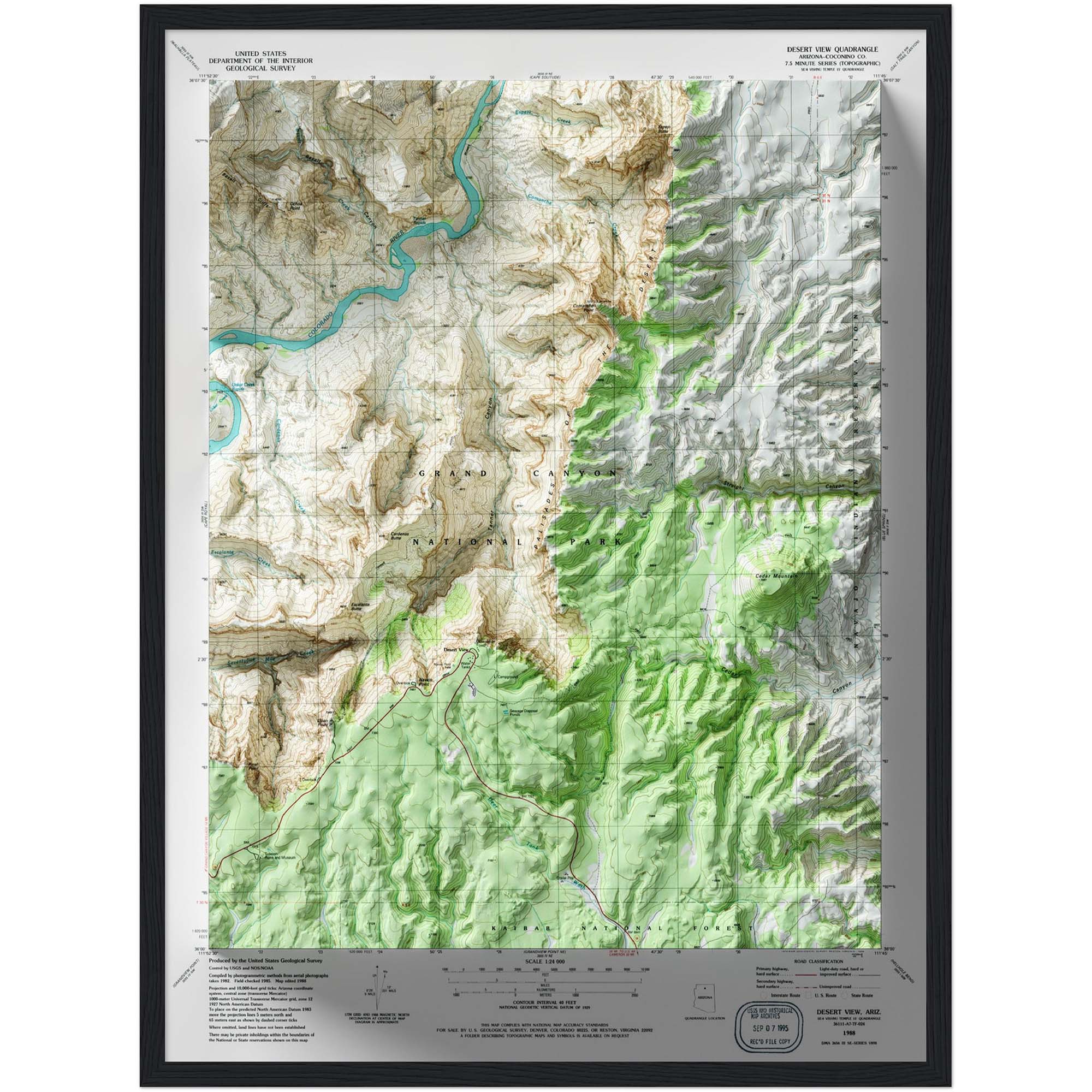 Desert View Grand Canyon National Park Map 1988 :Shaded relief map – flat print (not a 3D raised map)