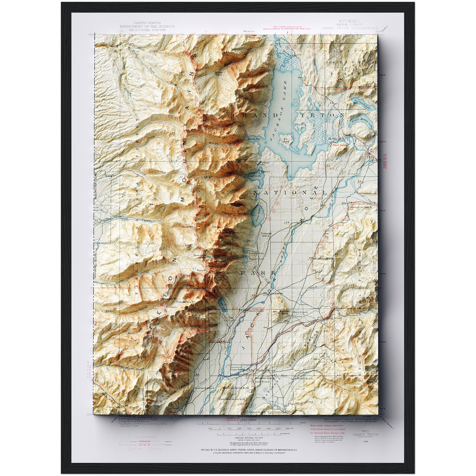 Grand Teton National Park Map 1899 :Shaded relief map – flat print (not a 3D raised map)