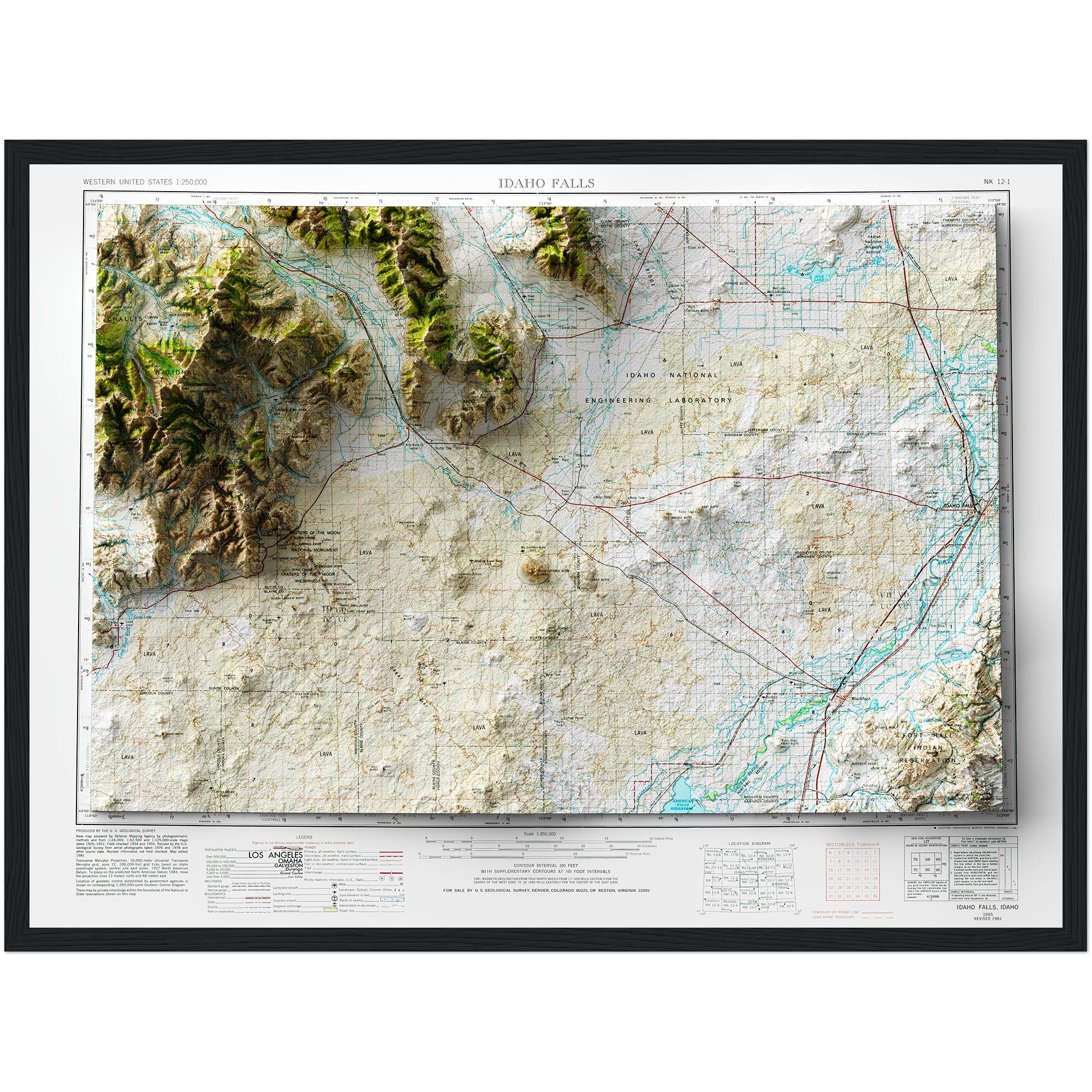 Idaho Falls Map 1955, Topography :Shaded relief map – flat print (not a 3D raised map)