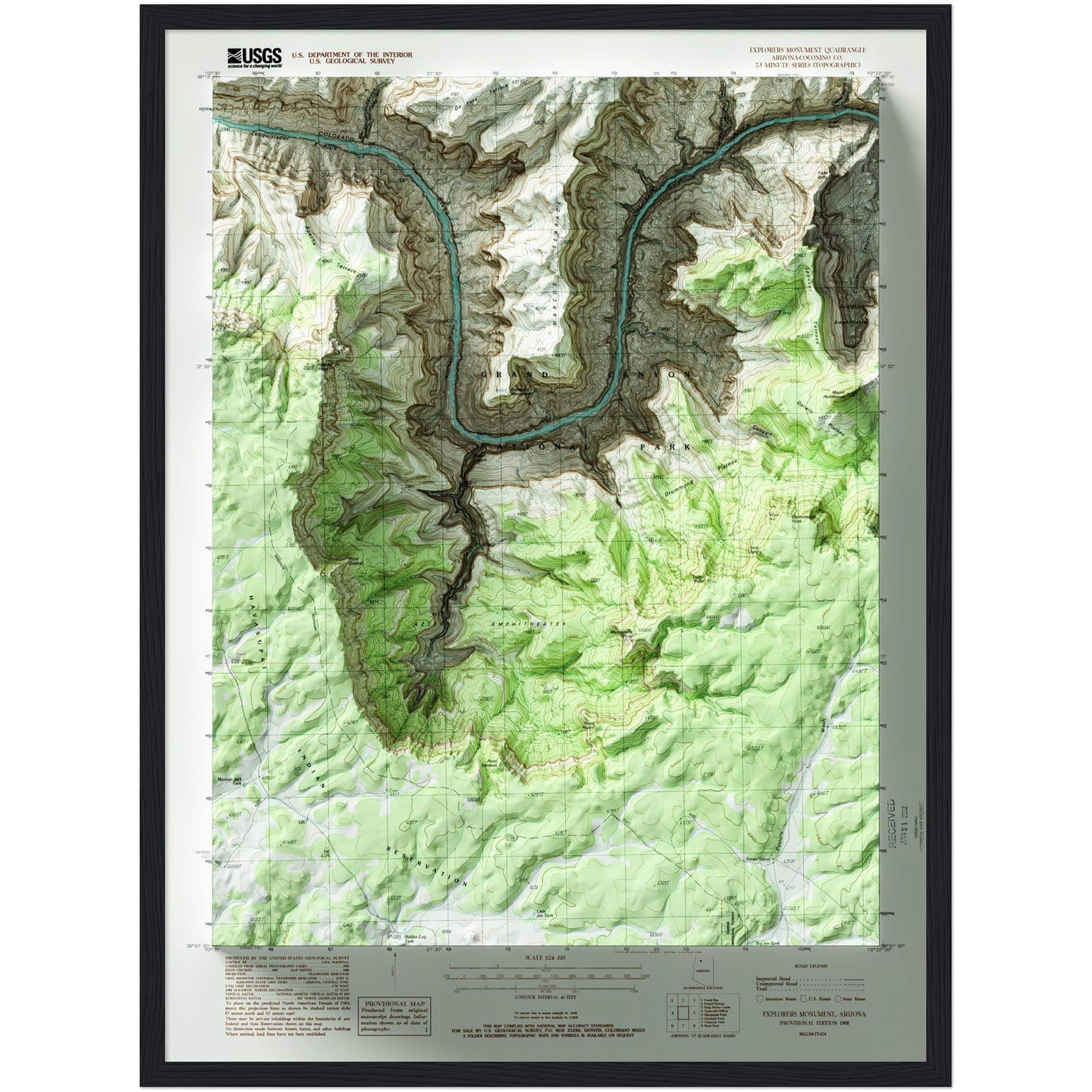 Explorers Monument Grand Canyon National Park Map 1988 :Shaded relief map – flat print (not a 3D raised map)