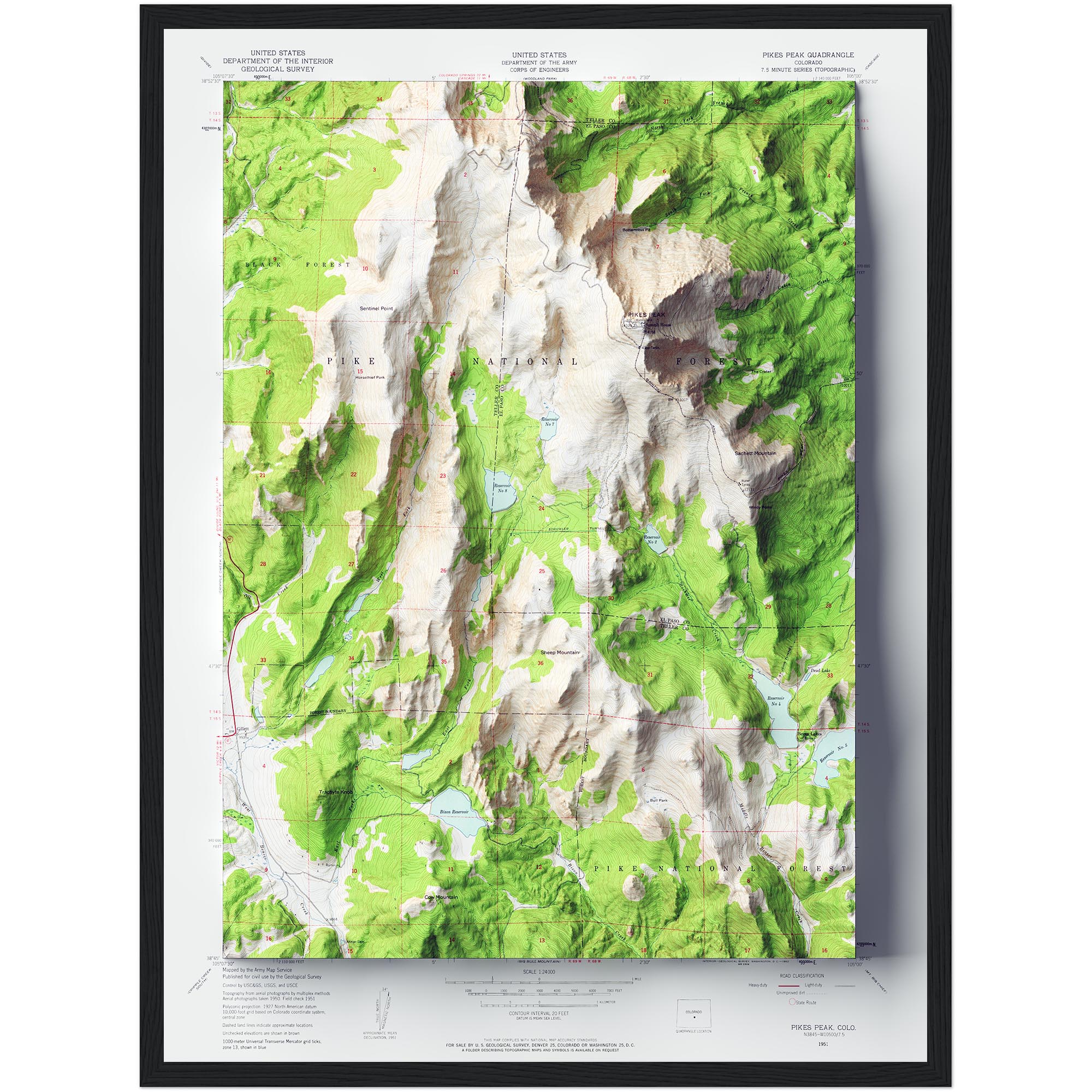 Pikes Peak Map 1951, Topography :Shaded relief map – flat print (not a 3D raised map)
