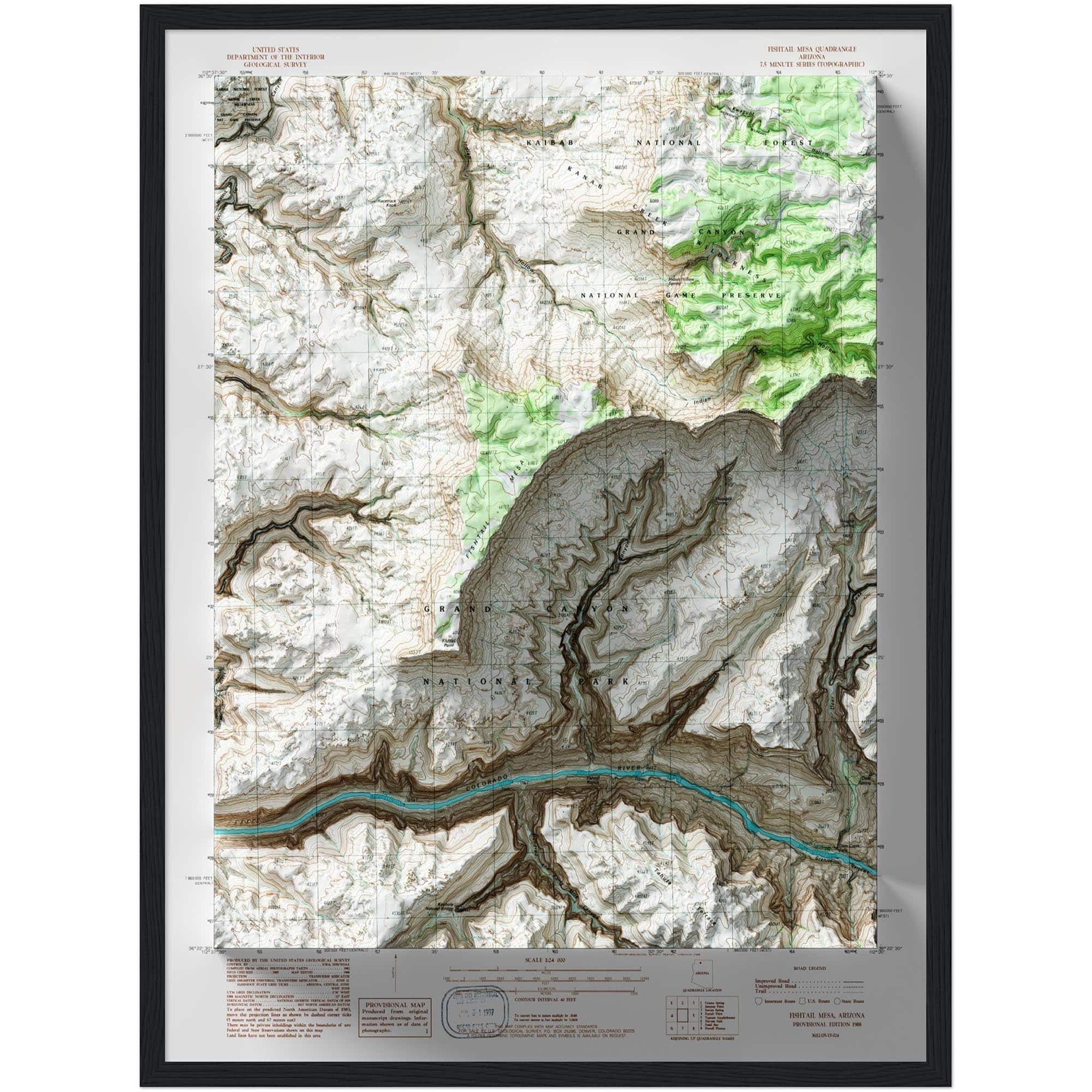 Fishtail Mesa Grand Canyon National Park Map 1988 :Shaded relief map – flat print (not a 3D raised map)